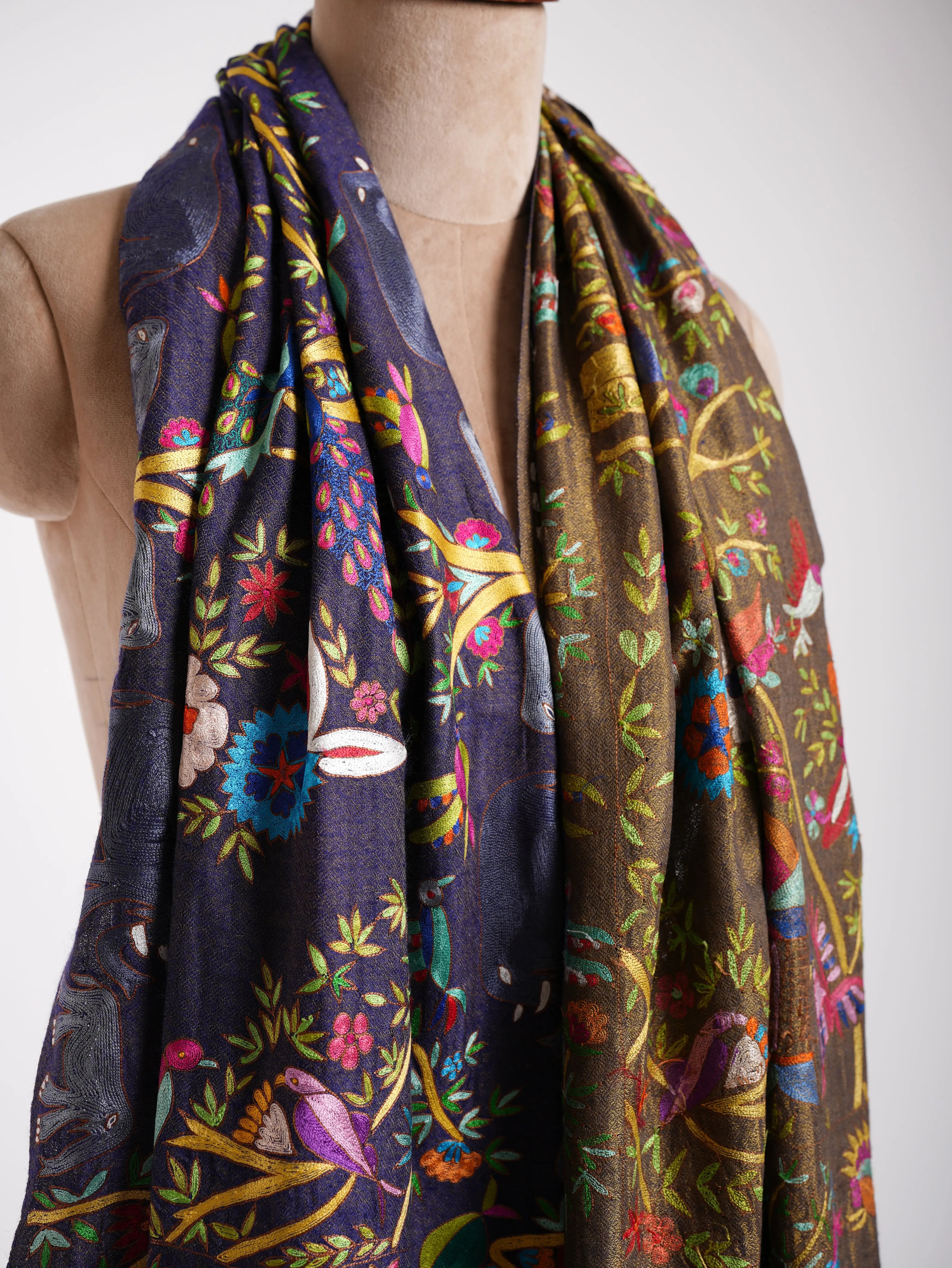 Dorukha Pashmina and Metallic Zari Kalamkari Shawl Shahkaar