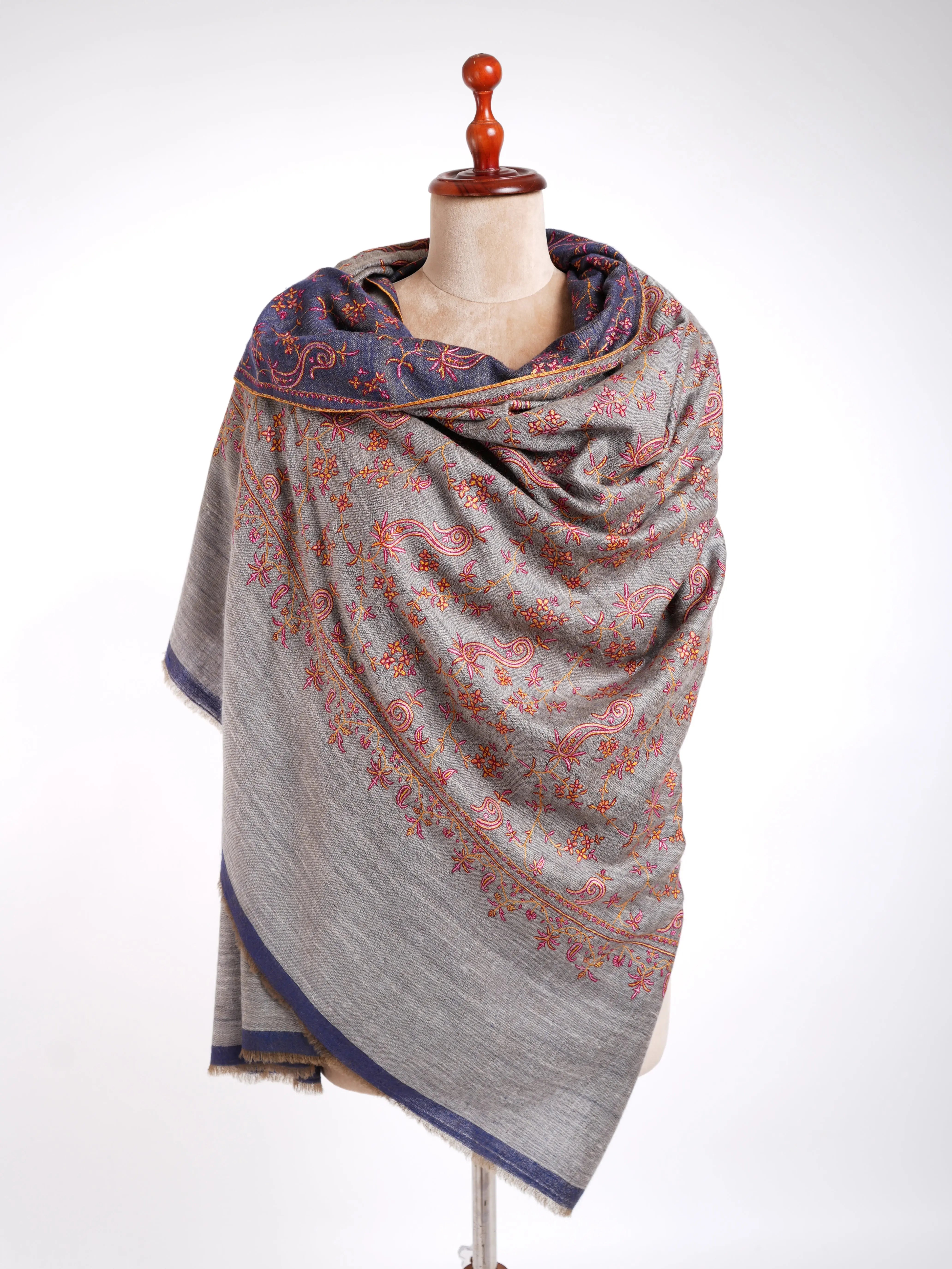 Dorukha Sozni Embroidered Pashmina Shawl Blue Shahkaar