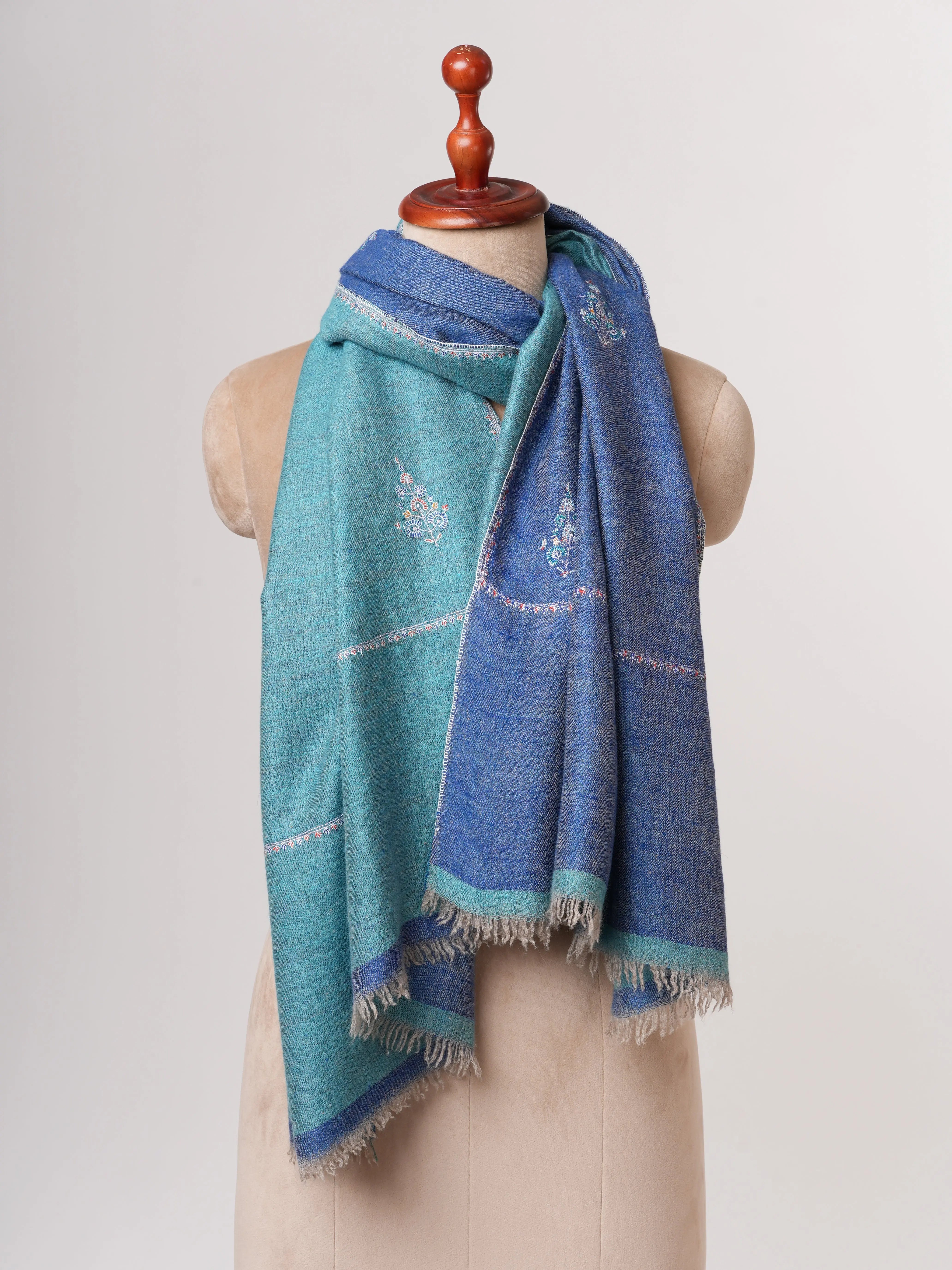 Dual Shade Blue Cashmere Scarf with Buteh Hand Embroidery – Baby Soft Artisanal Elegance Shahkaar