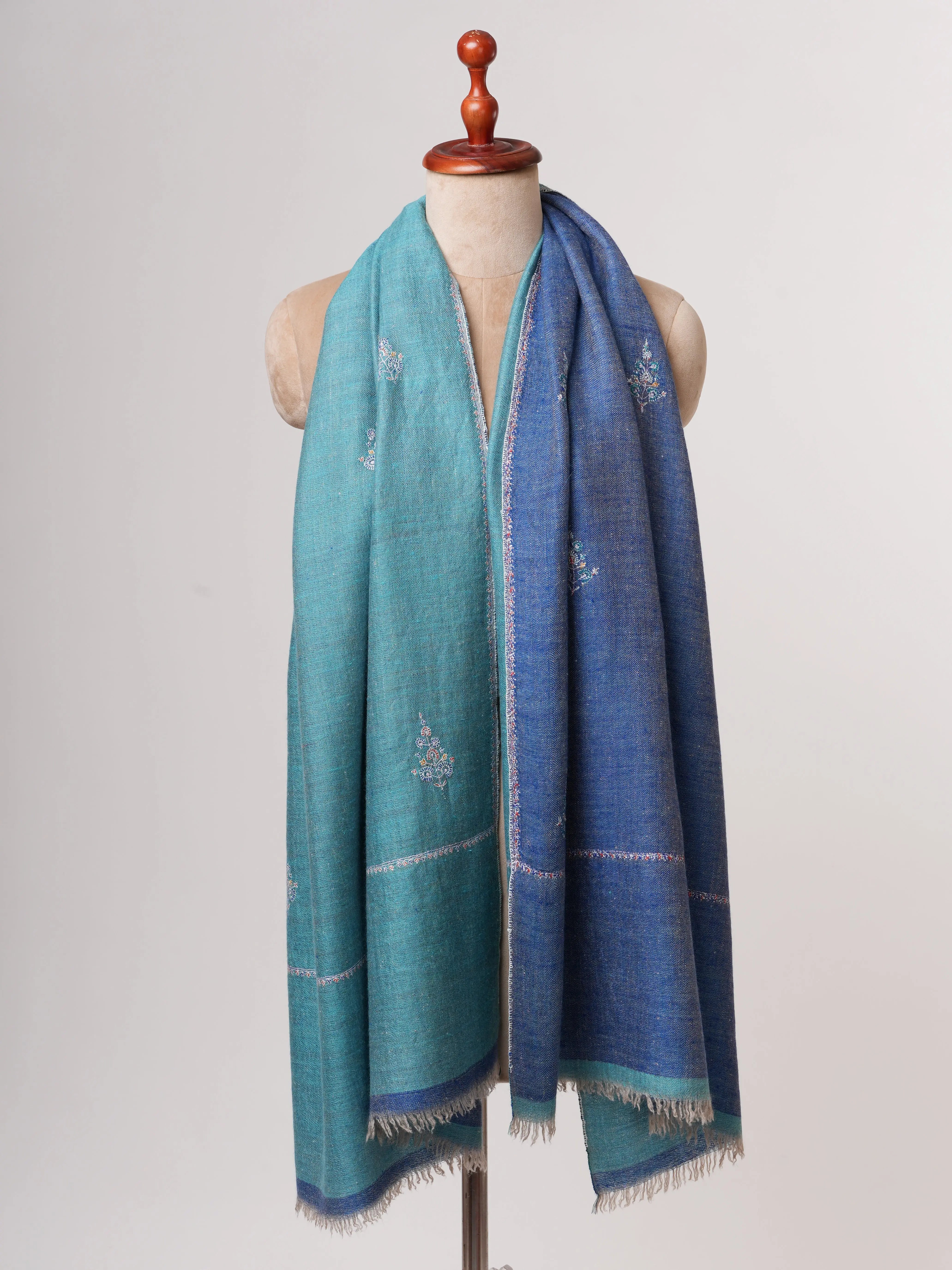 Dual Shade Blue Cashmere Scarf with Buteh Hand Embroidery – Baby Soft Artisanal Elegance Shahkaar