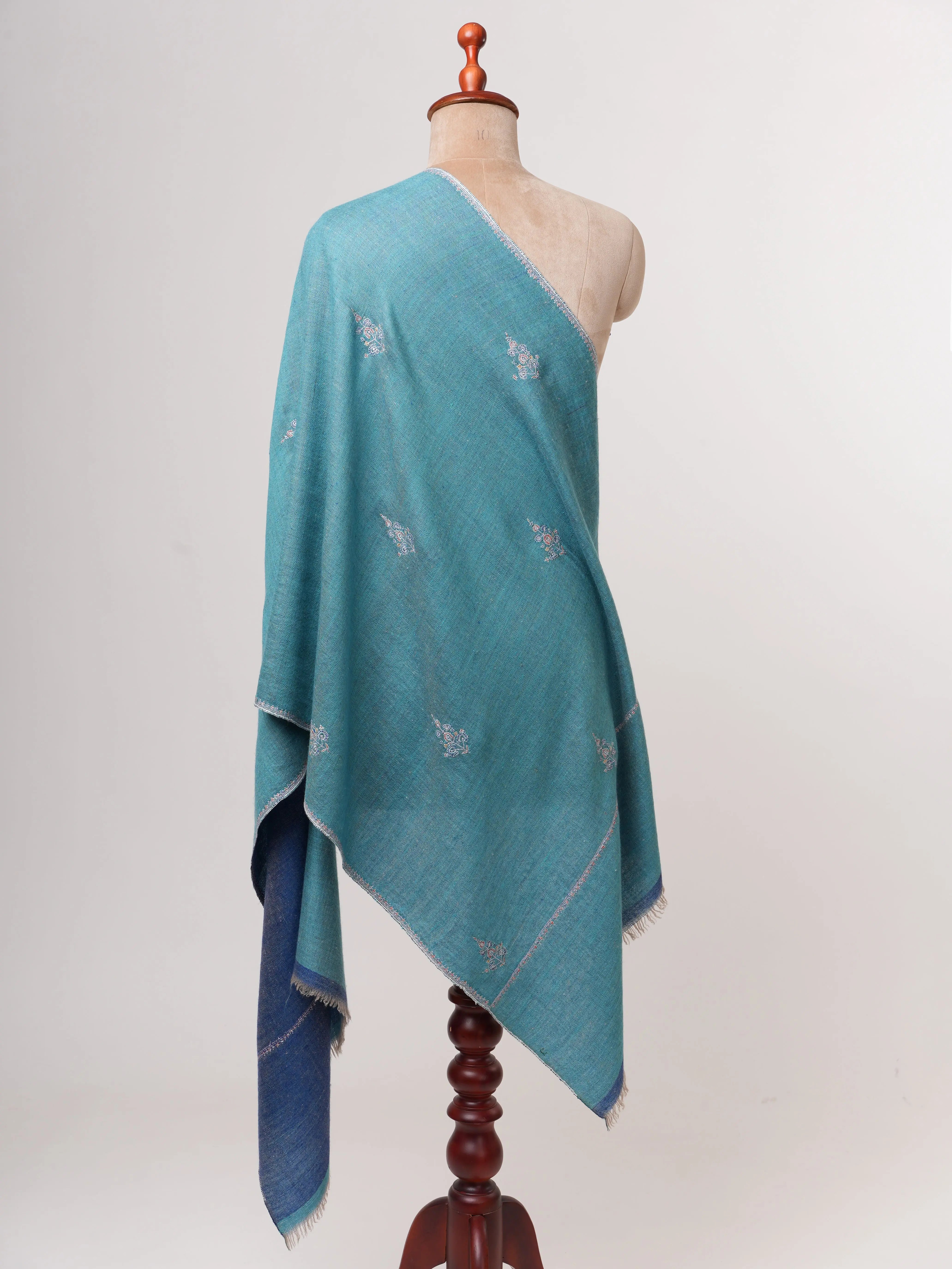 Dual Shade Blue Cashmere Scarf with Buteh Hand Embroidery – Baby Soft Artisanal Elegance Shahkaar