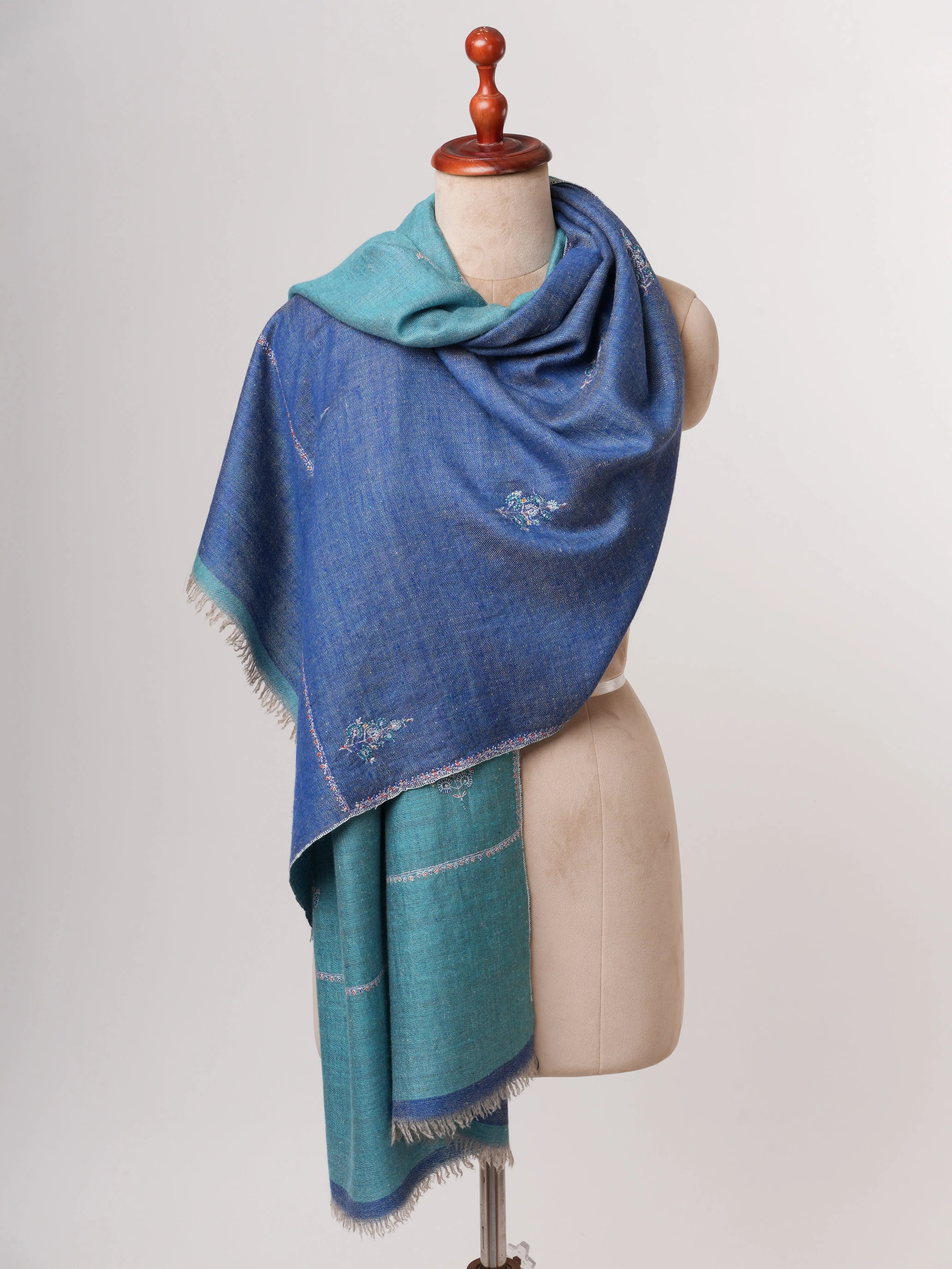 Dual Shade Blue Cashmere Scarf with Buteh Hand Embroidery – Baby Soft Artisanal Elegance Shahkaar