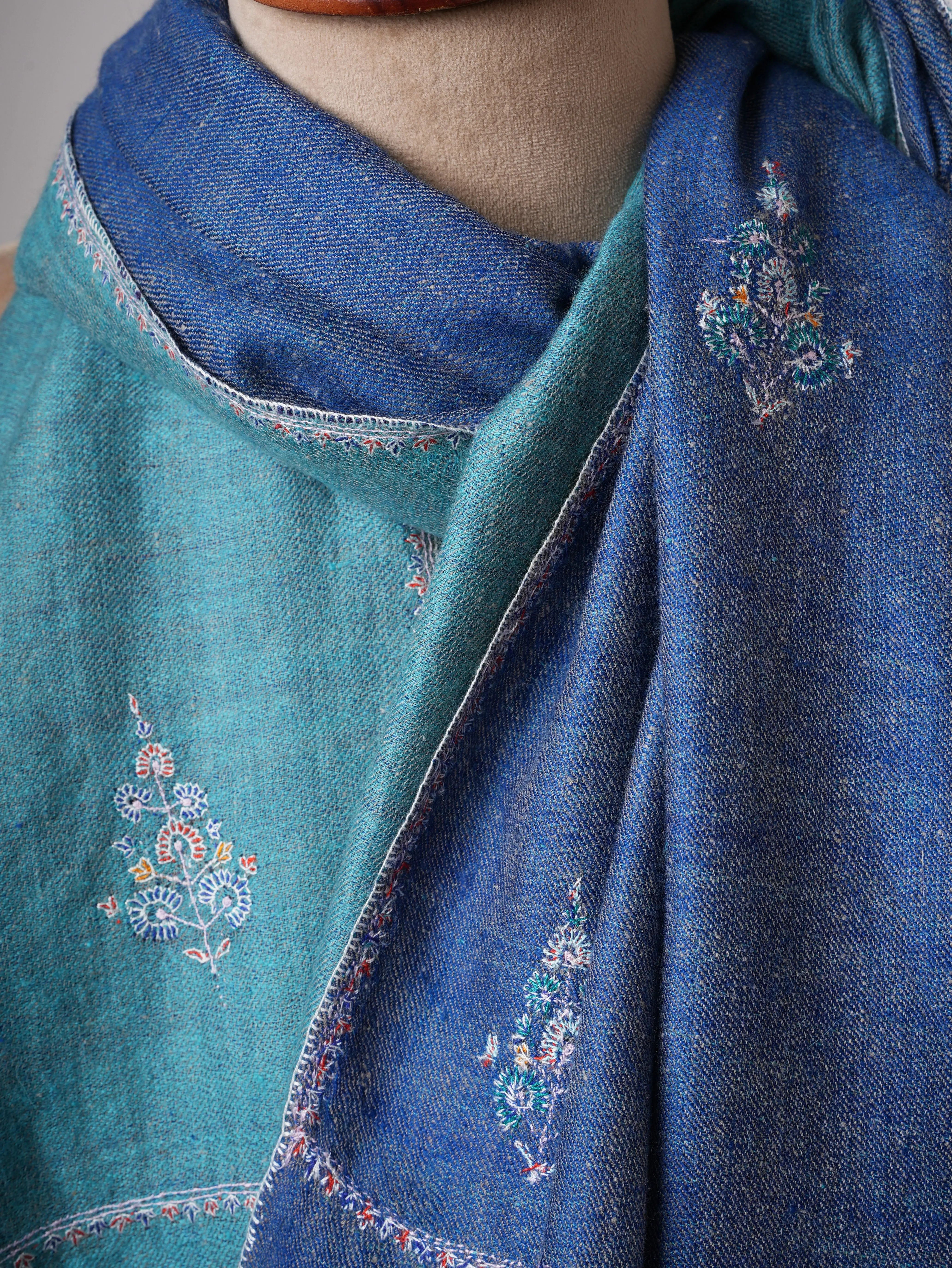 Dual Shade Blue Cashmere Scarf with Buteh Hand Embroidery – Baby Soft Artisanal Elegance Shahkaar