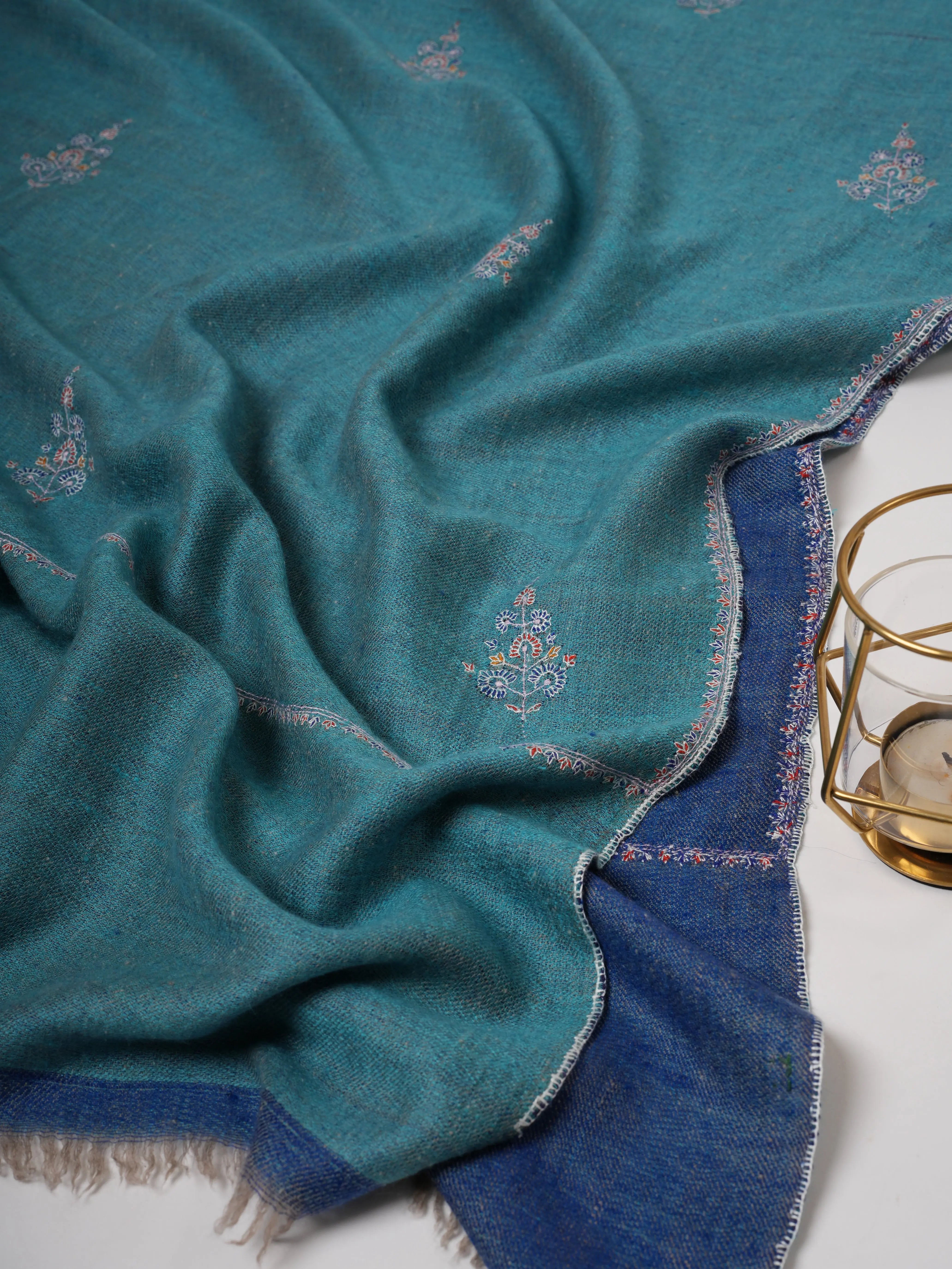 Dual Shade Blue Cashmere Scarf with Buteh Hand Embroidery – Baby Soft Artisanal Elegance Shahkaar