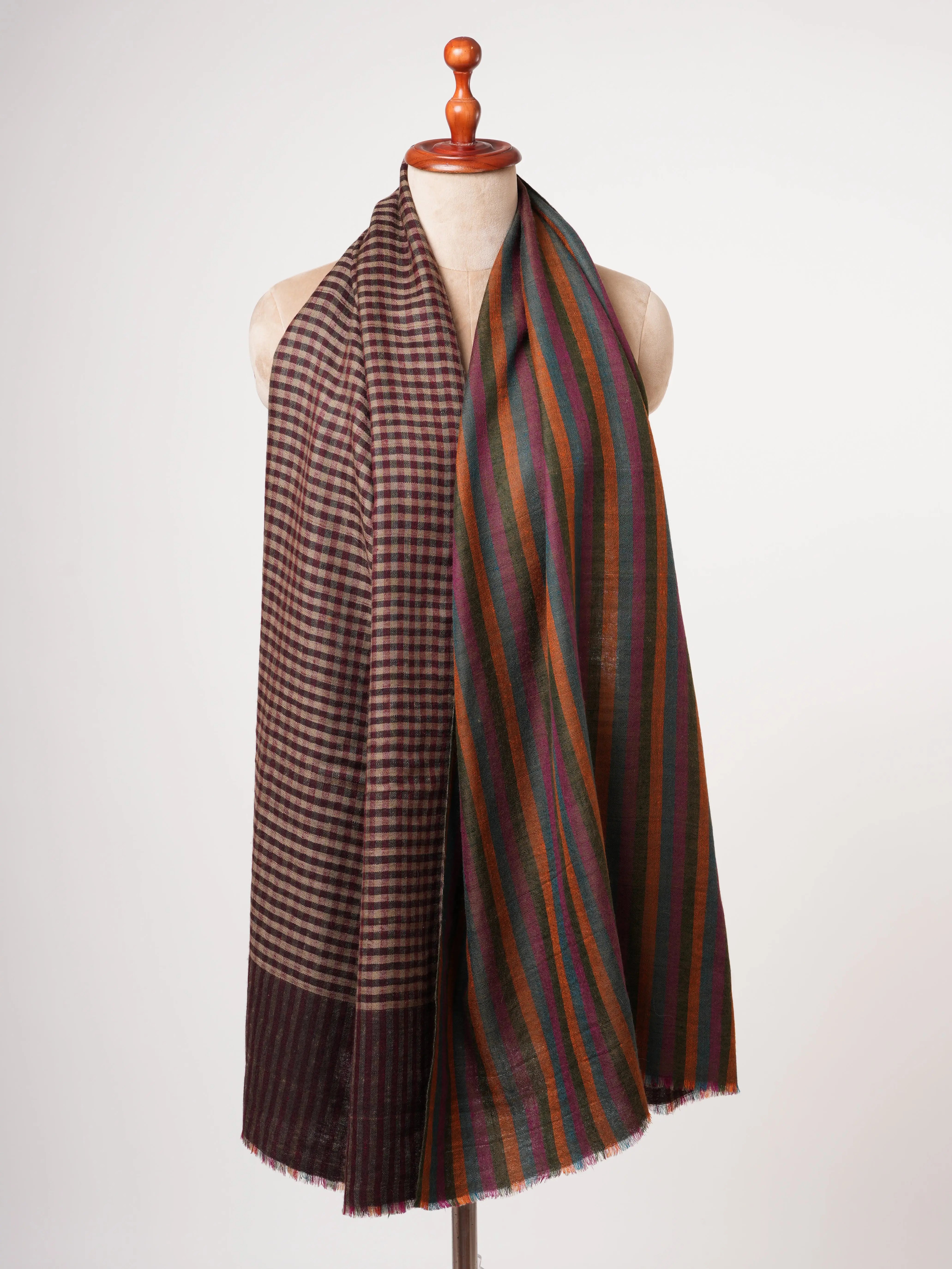 Dual Shade Stripe & Check Soft Cashmere Scarf – Expertly Hand Woven Shahkaar