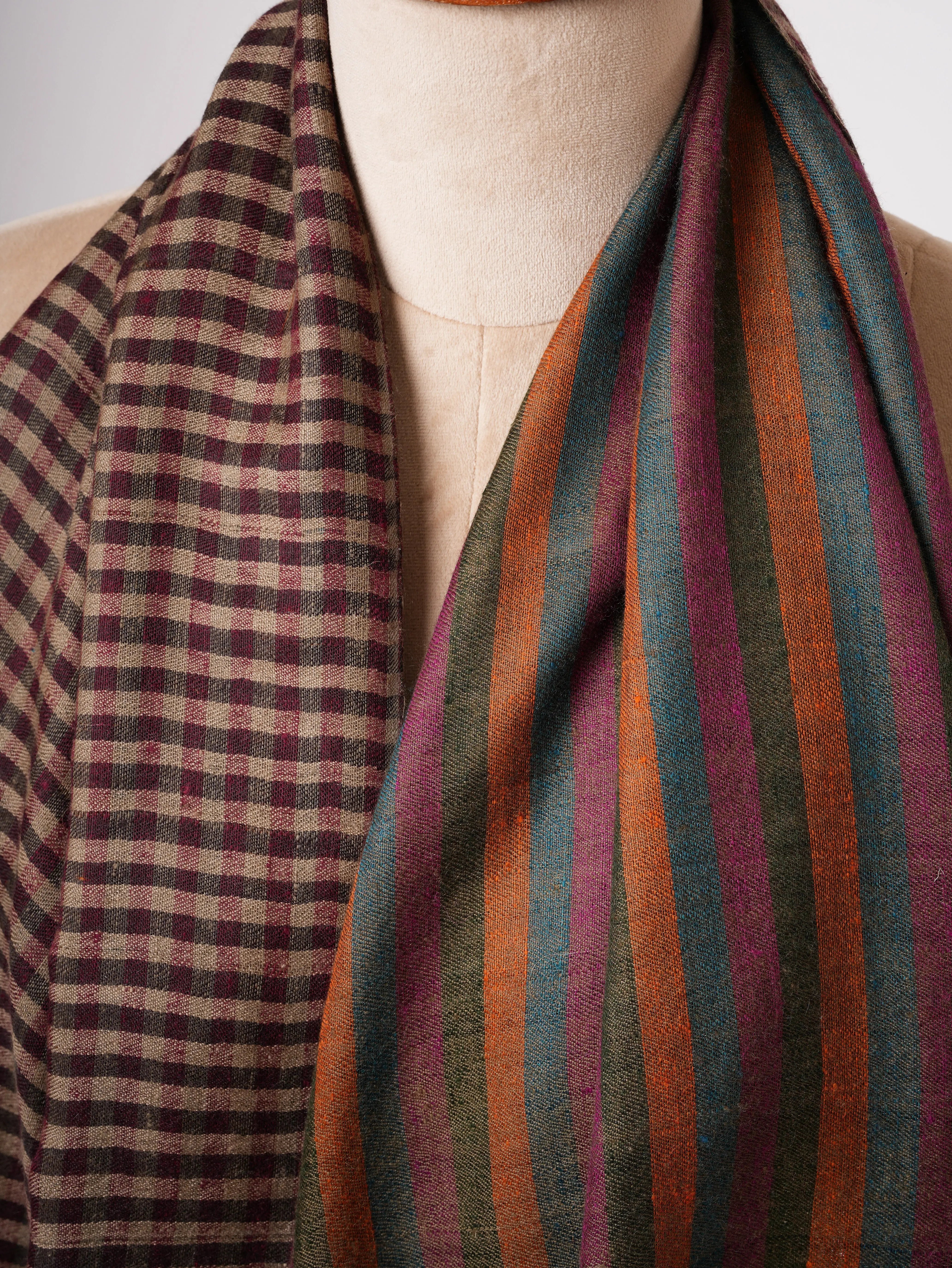 Dual Shade Stripe & Check Soft Cashmere Scarf – Expertly Hand Woven Shahkaar