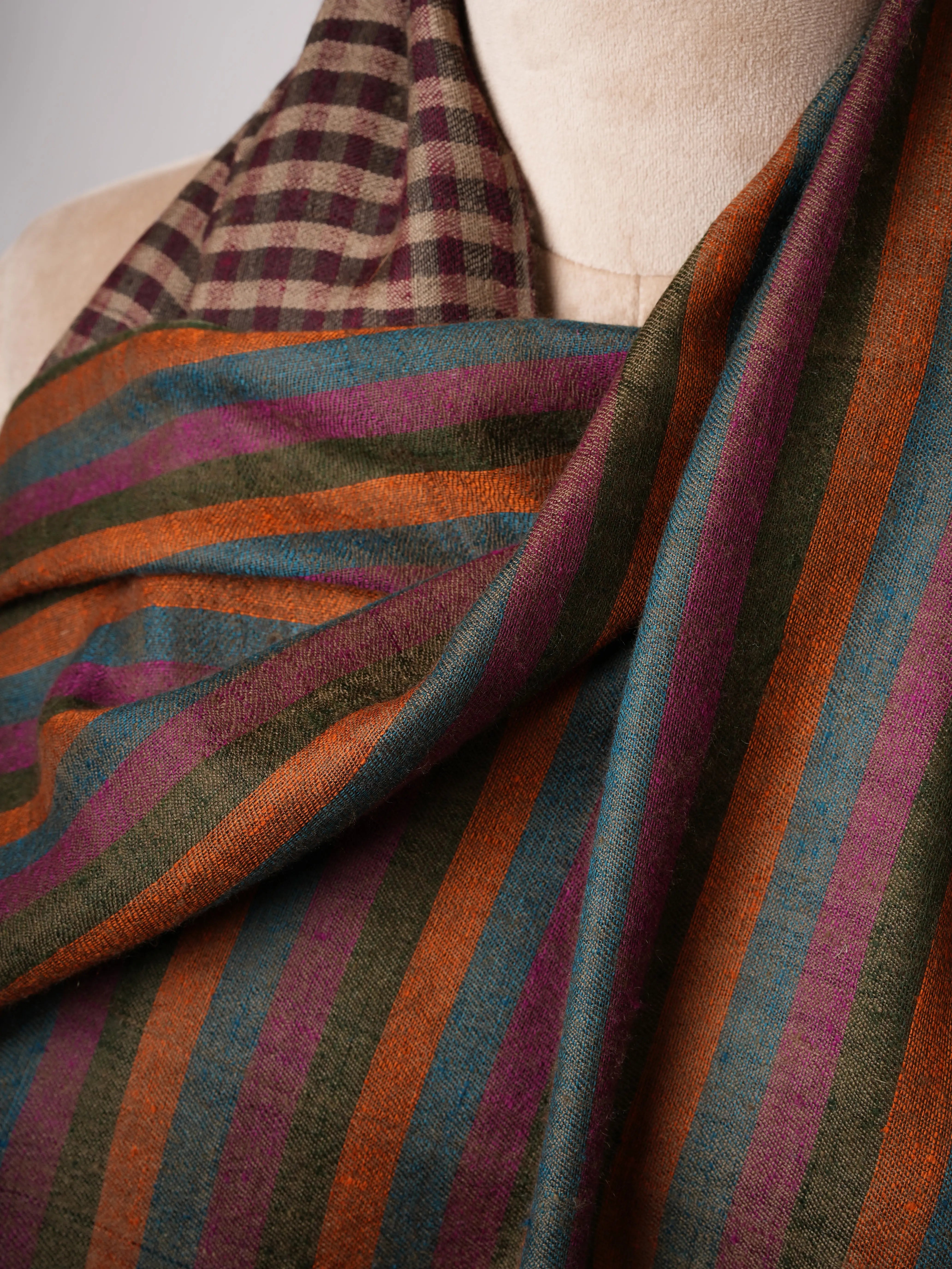 Dual Shade Stripe & Check Soft Cashmere Scarf – Expertly Hand Woven Shahkaar