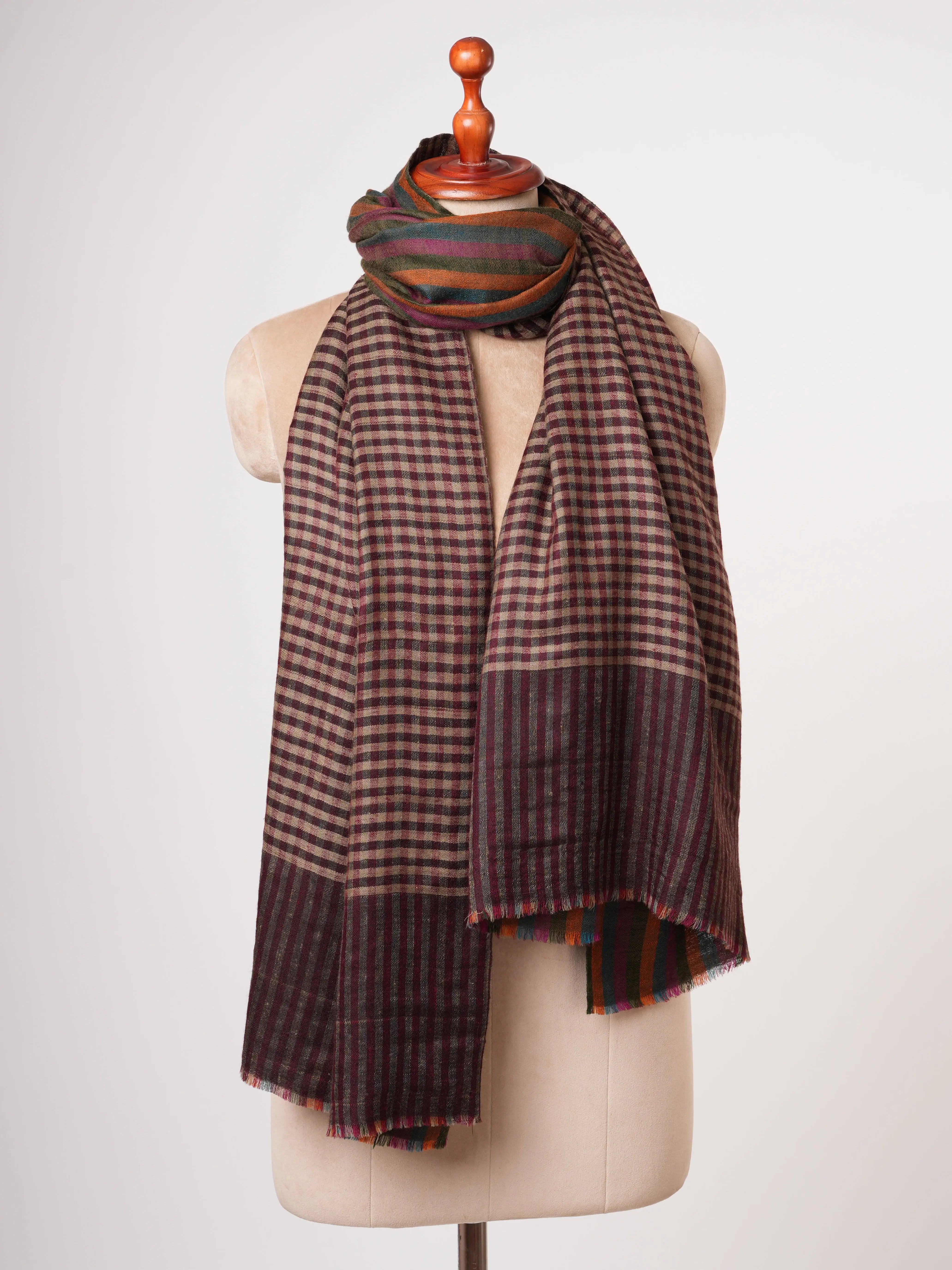 Dual Shade Stripe & Check Soft Cashmere Scarf – Expertly Hand Woven Shahkaar
