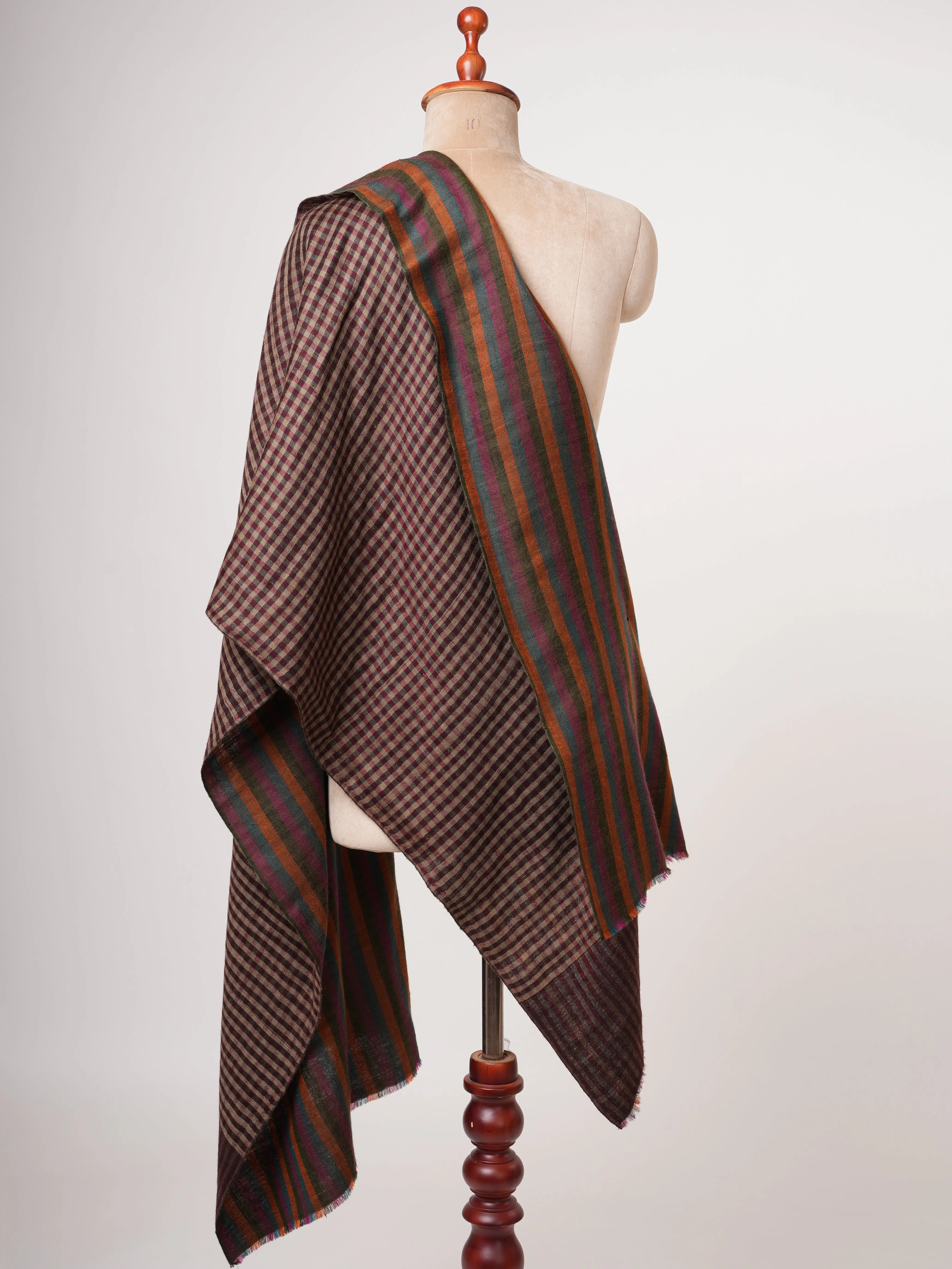 Dual Shade Stripe & Check Soft Cashmere Scarf – Expertly Hand Woven Shahkaar
