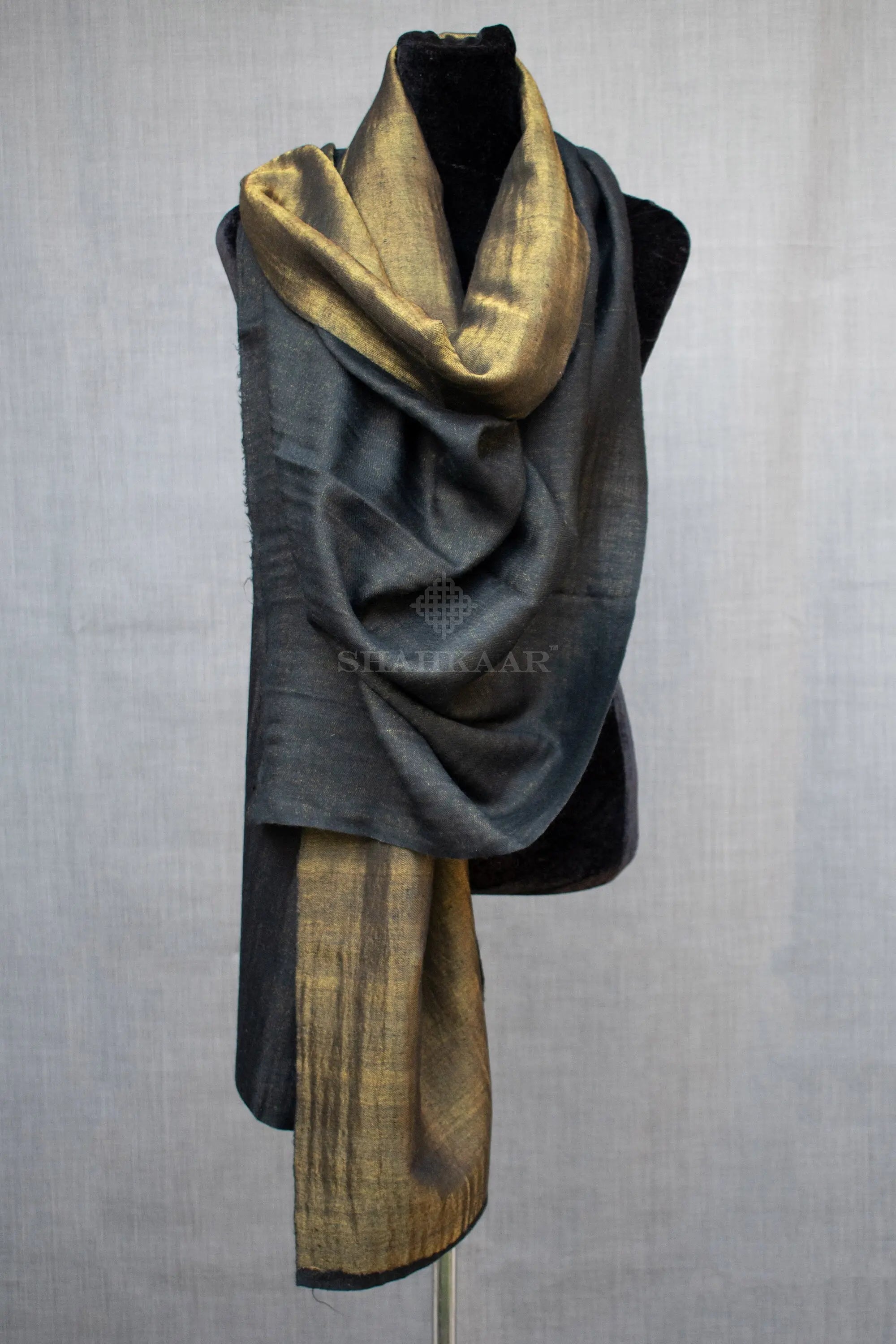 Dual Shade (Reversible) Metallic Pure Pashmina Cashmere Zari Scarf Wrap, Hand Woven Shahkaar