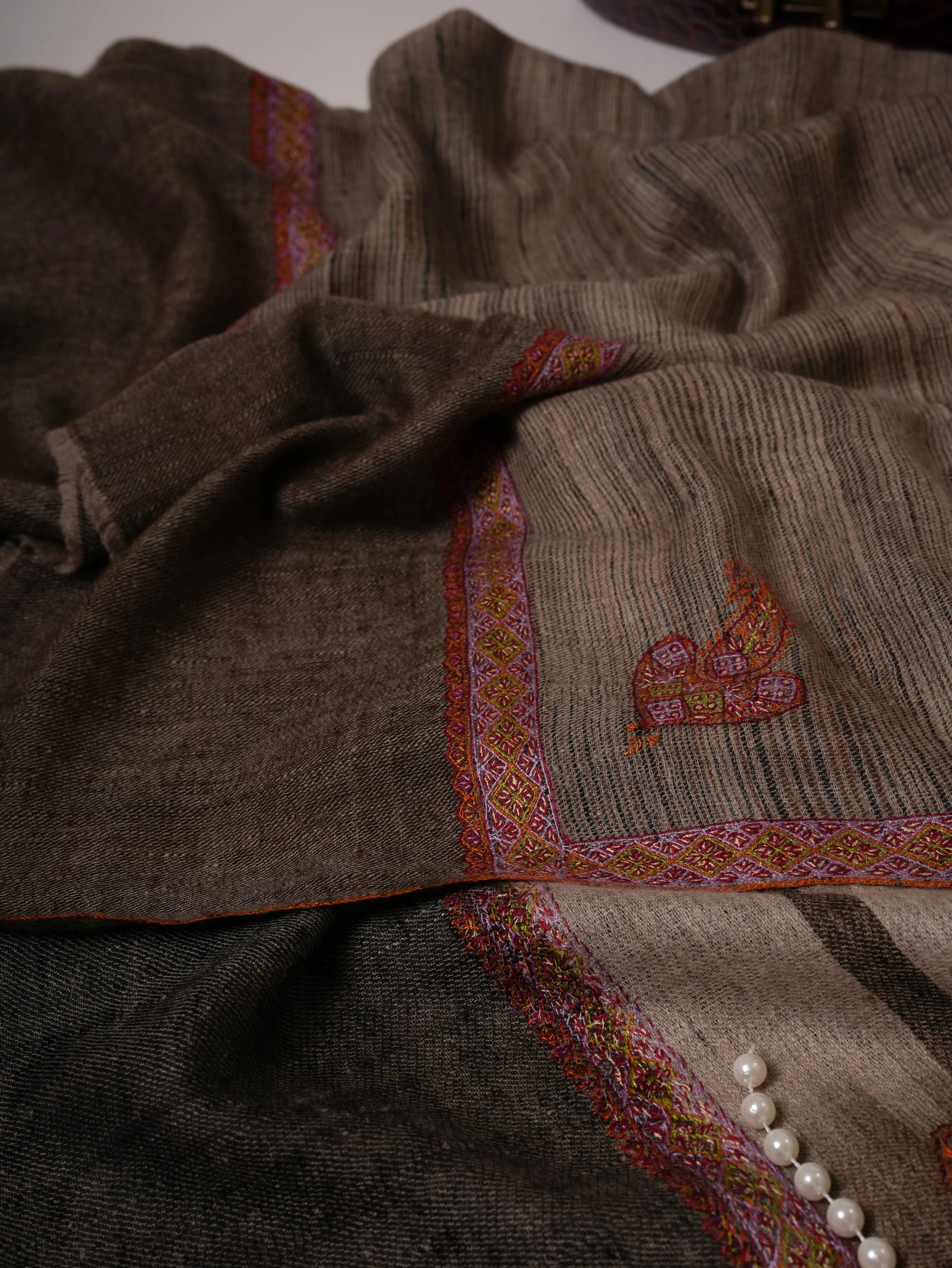 Dual Tone Oversized Handwoven Pashmina Shawl with Hashia Hand Embroidery Shahkaar