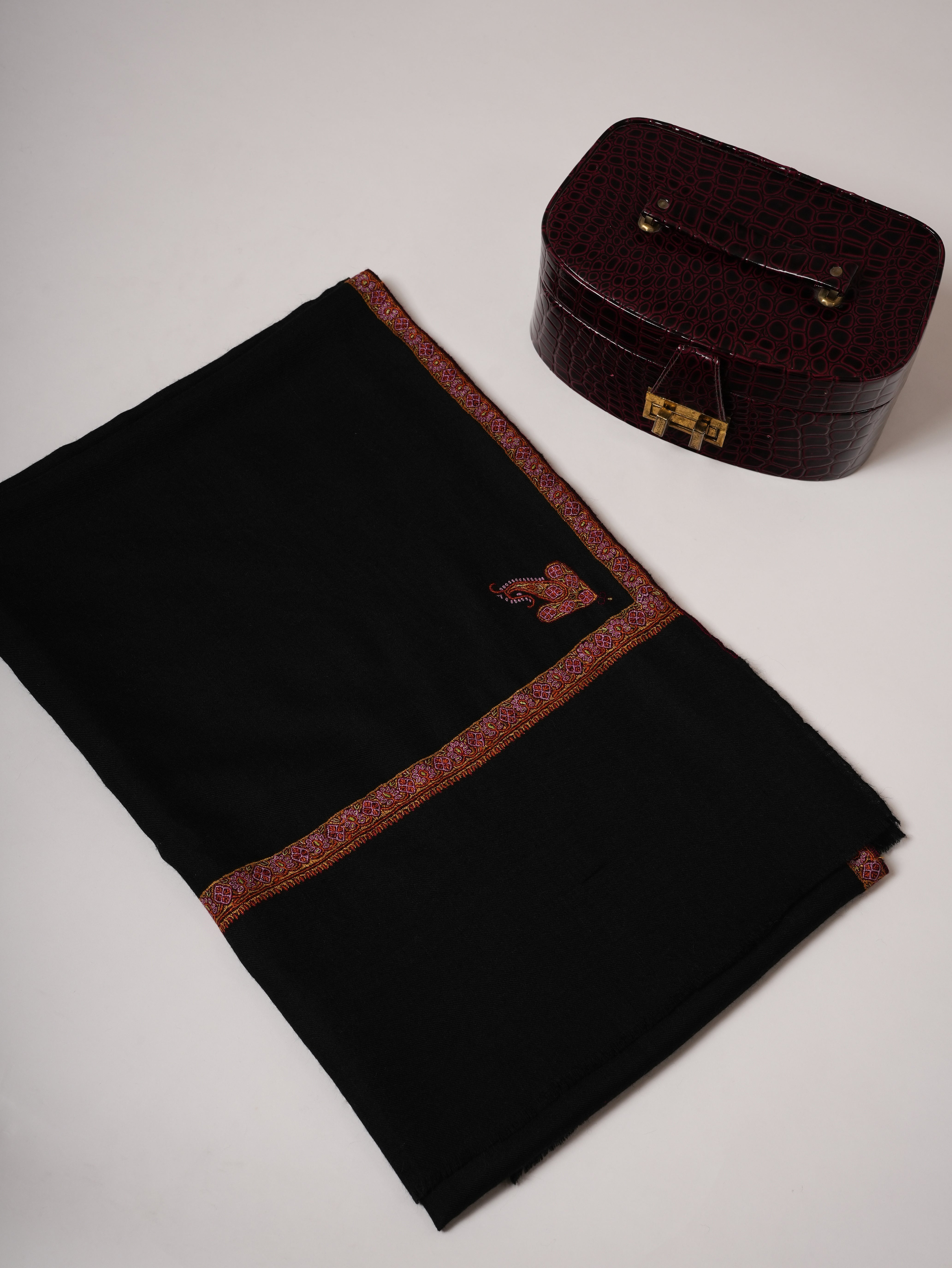 Black Pashmina Shawl with Traditional Hashia Hand Embroidery Shahkaar