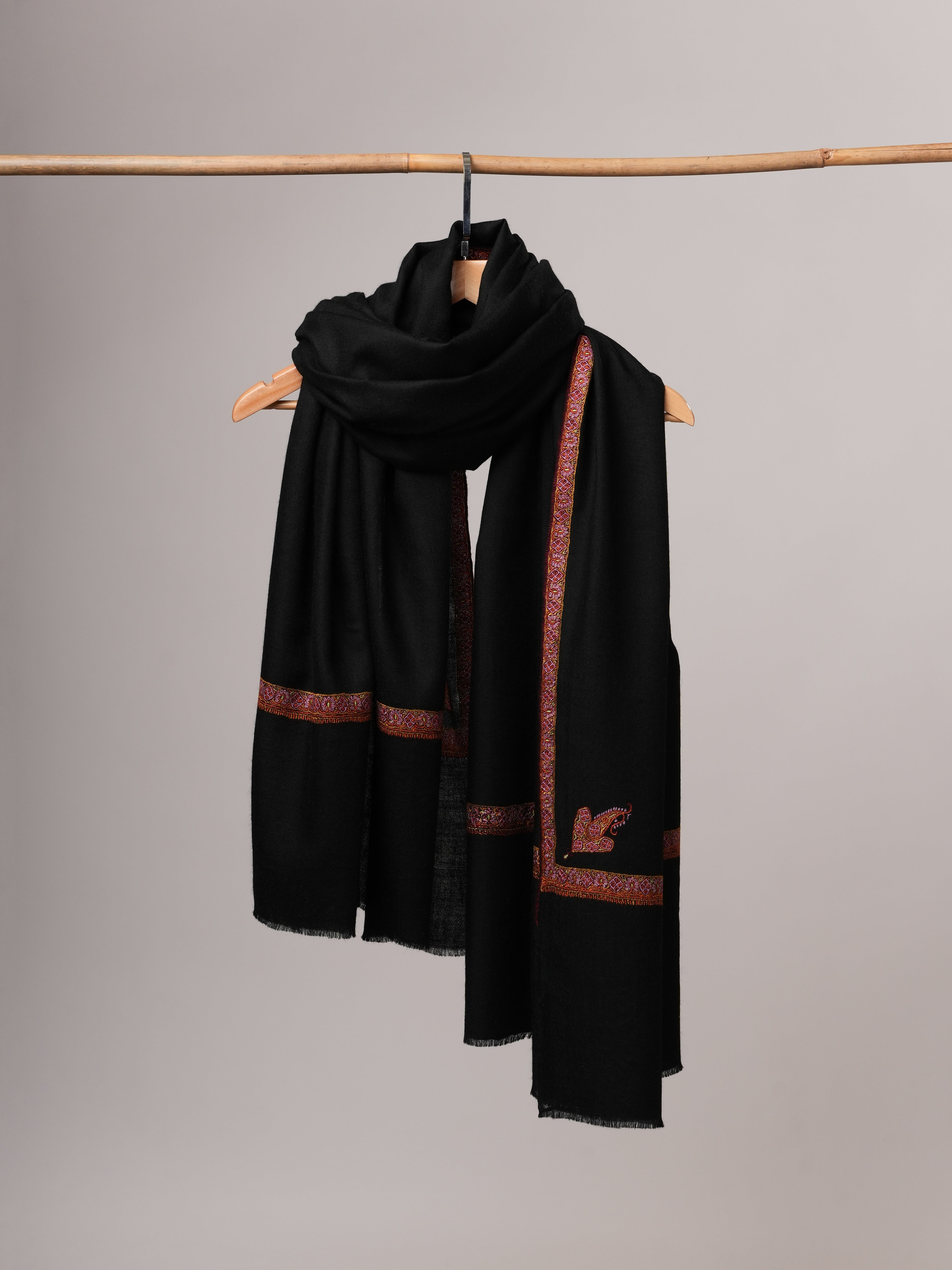 Black Pashmina Shawl with Traditional Hashia Hand Embroidery Shahkaar