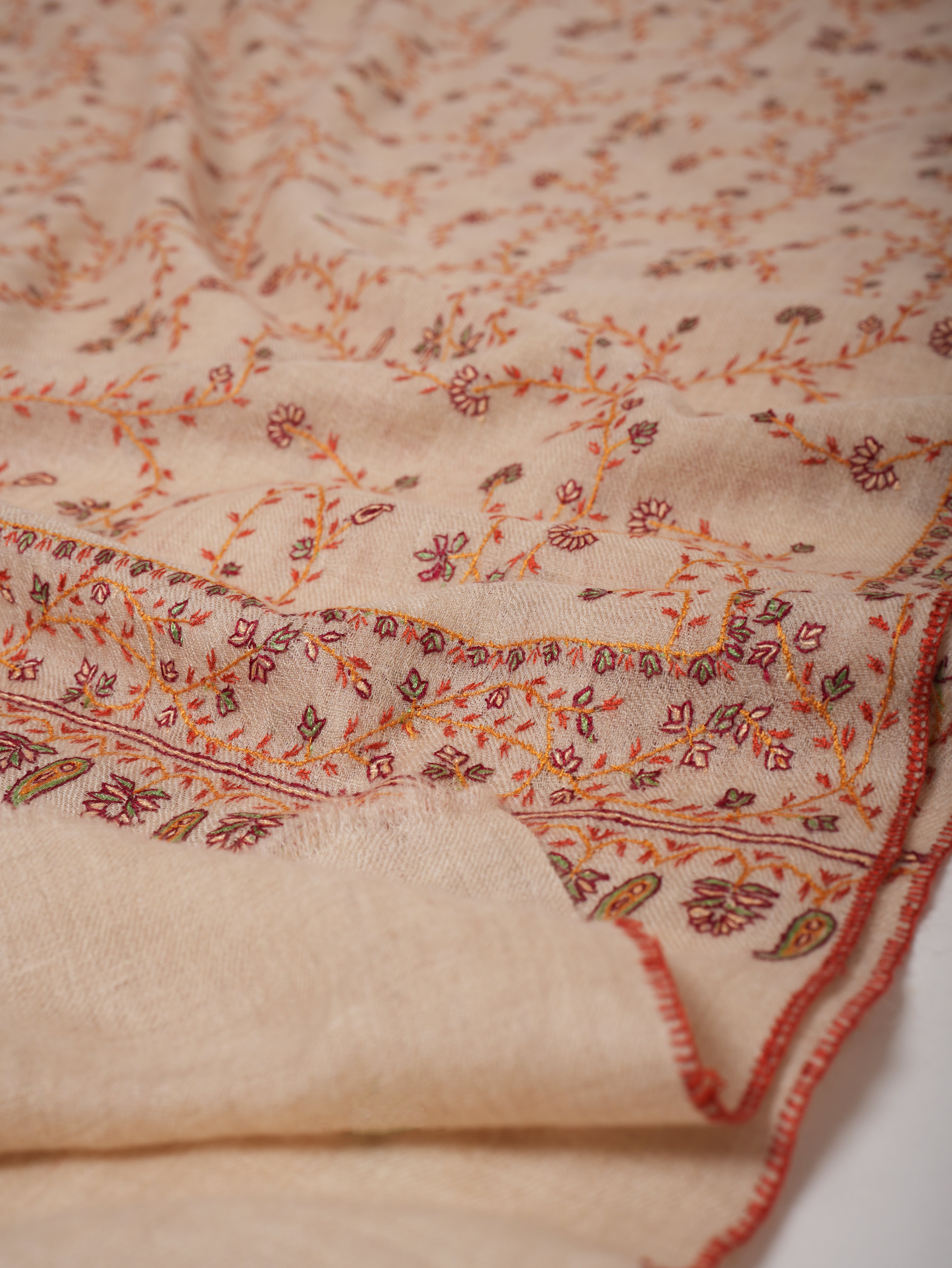 Offwhite Cashmere Scarf with All Over Hand Embroidery Shahkaar