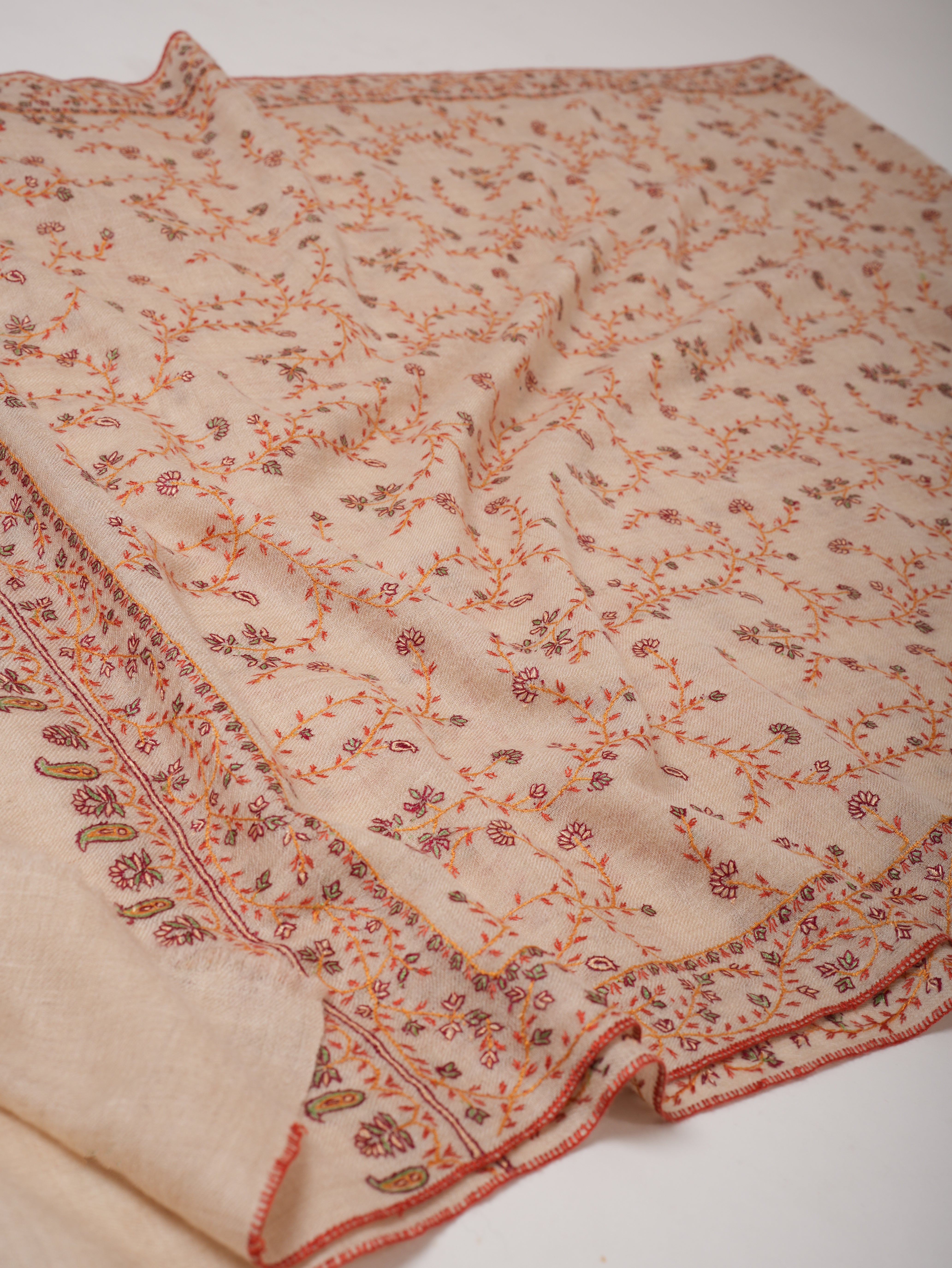 Offwhite Cashmere Scarf with All Over Hand Embroidery Shahkaar