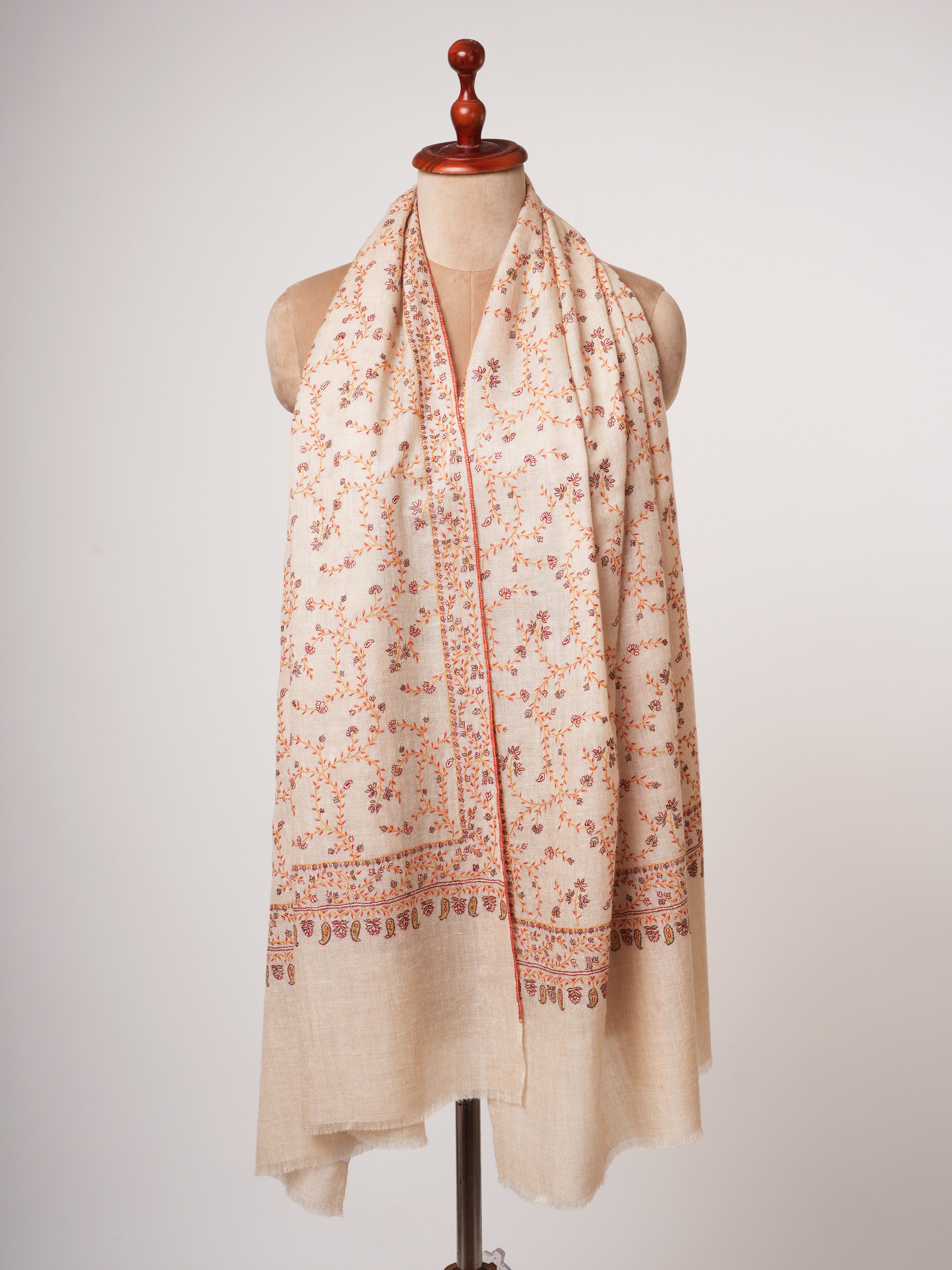 Offwhite Cashmere Scarf with All Over Hand Embroidery Shahkaar