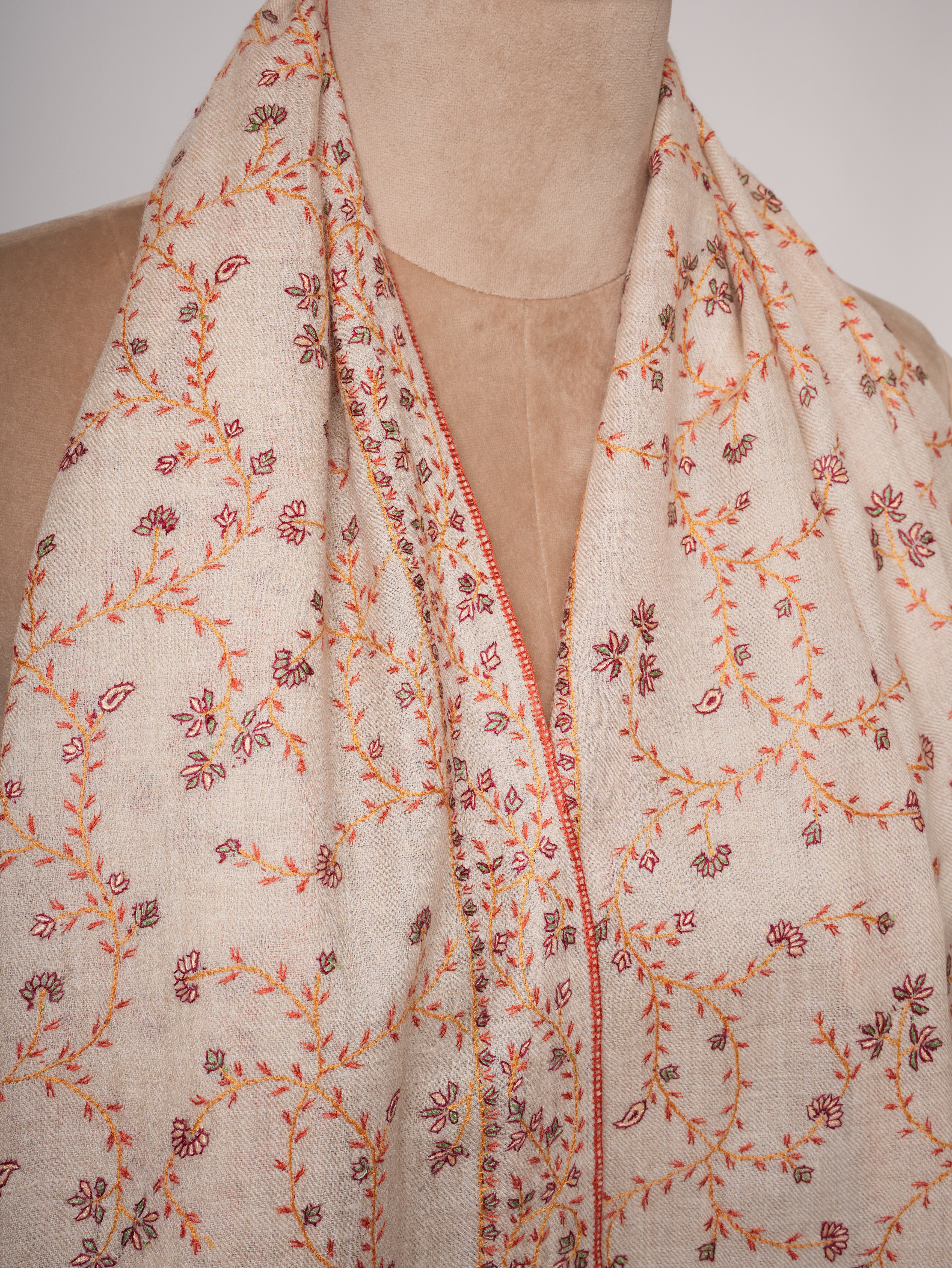 Offwhite Cashmere Scarf with All Over Hand Embroidery Shahkaar