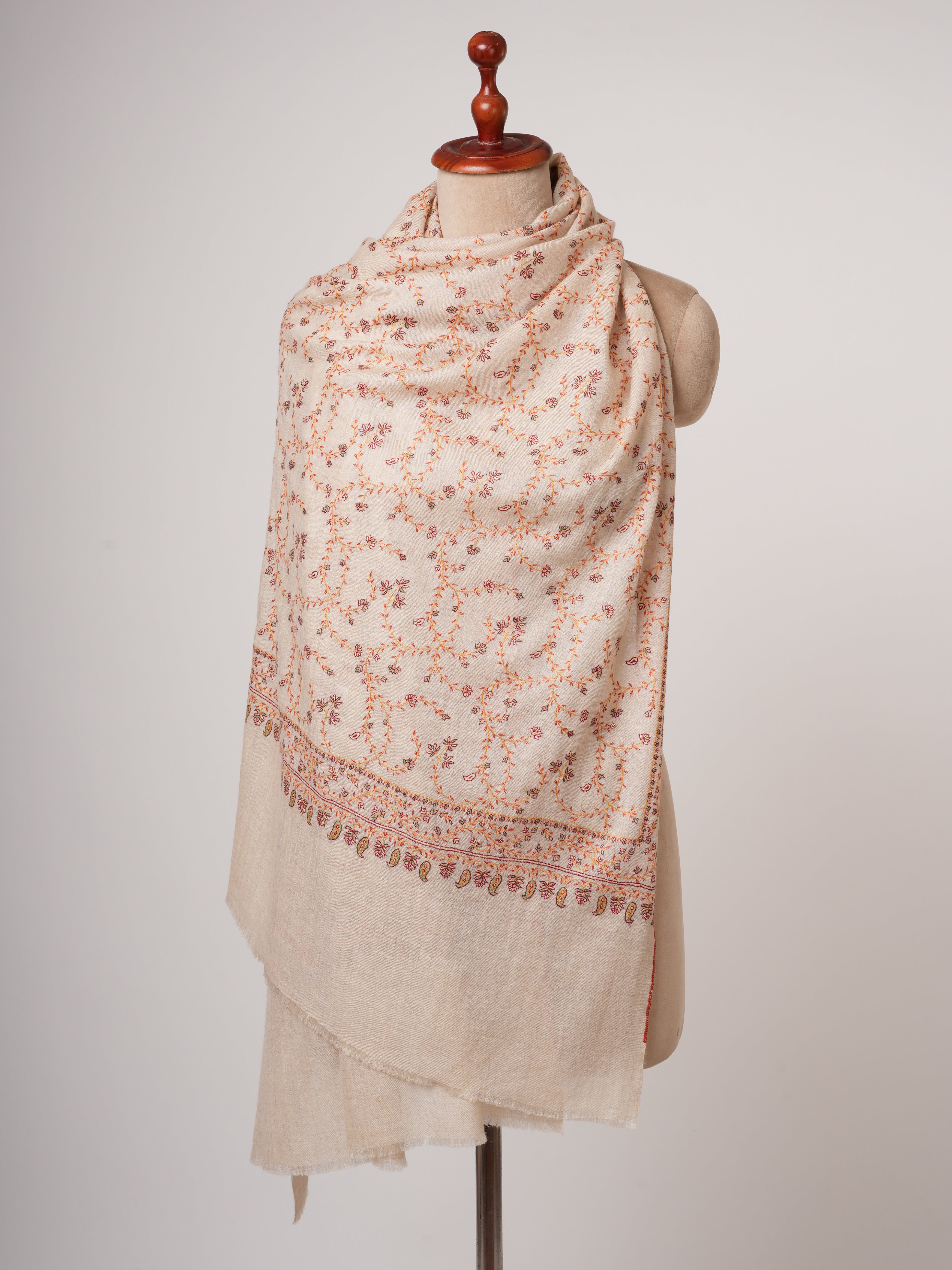 Offwhite Cashmere Scarf with All Over Hand Embroidery Shahkaar