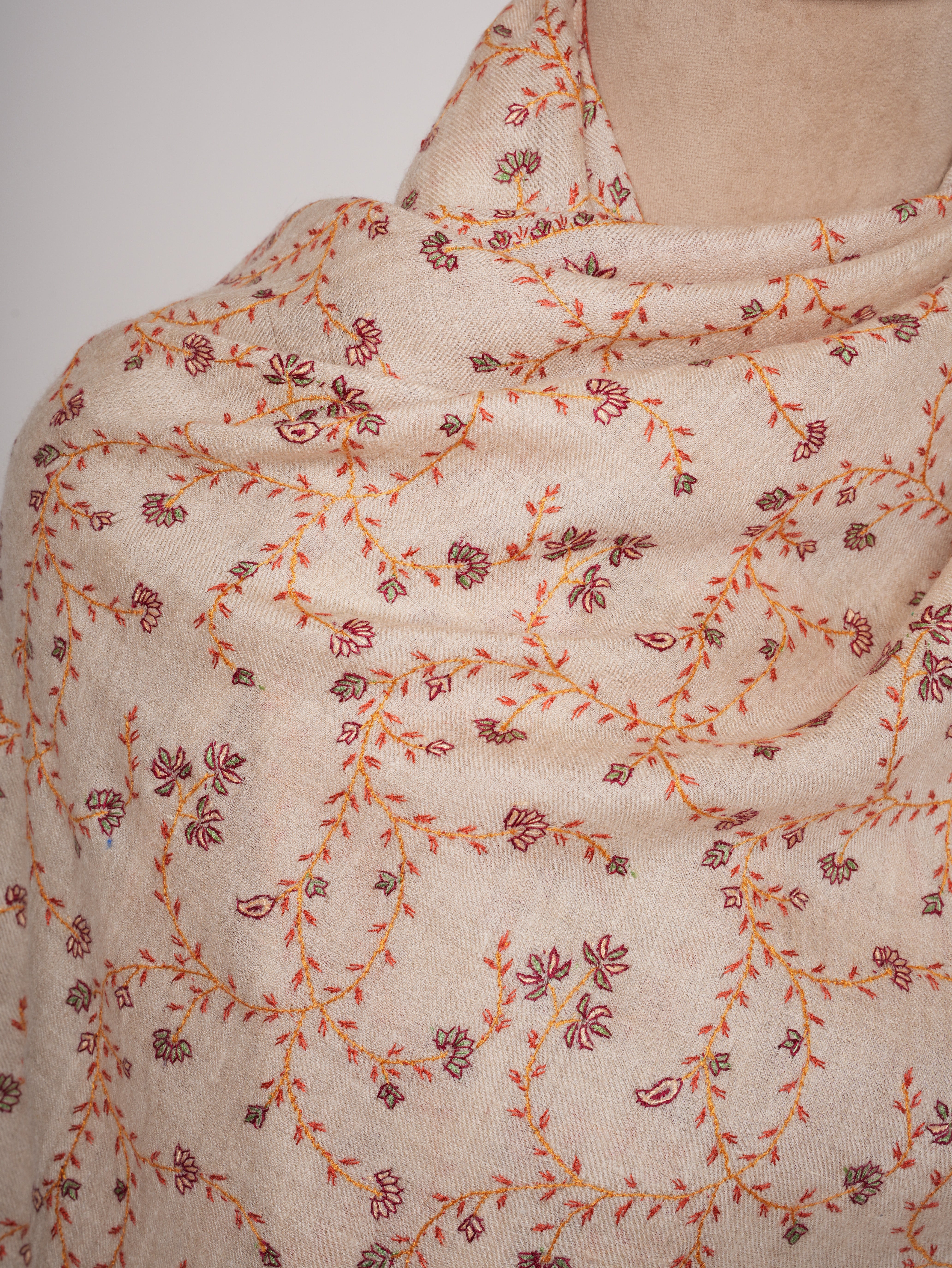 Offwhite Cashmere Scarf with All Over Hand Embroidery Shahkaar