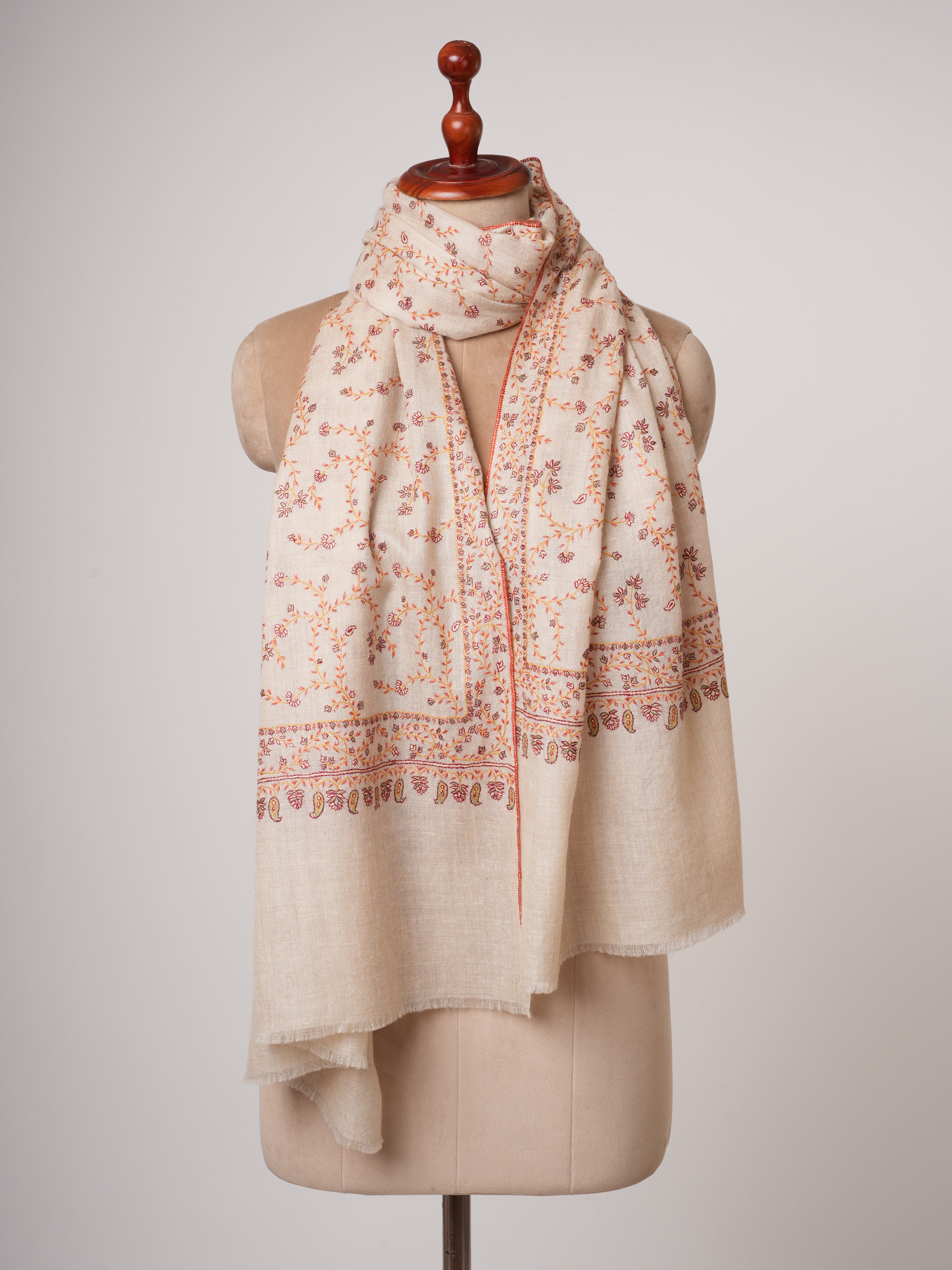 Offwhite Cashmere Scarf with All Over Hand Embroidery Shahkaar