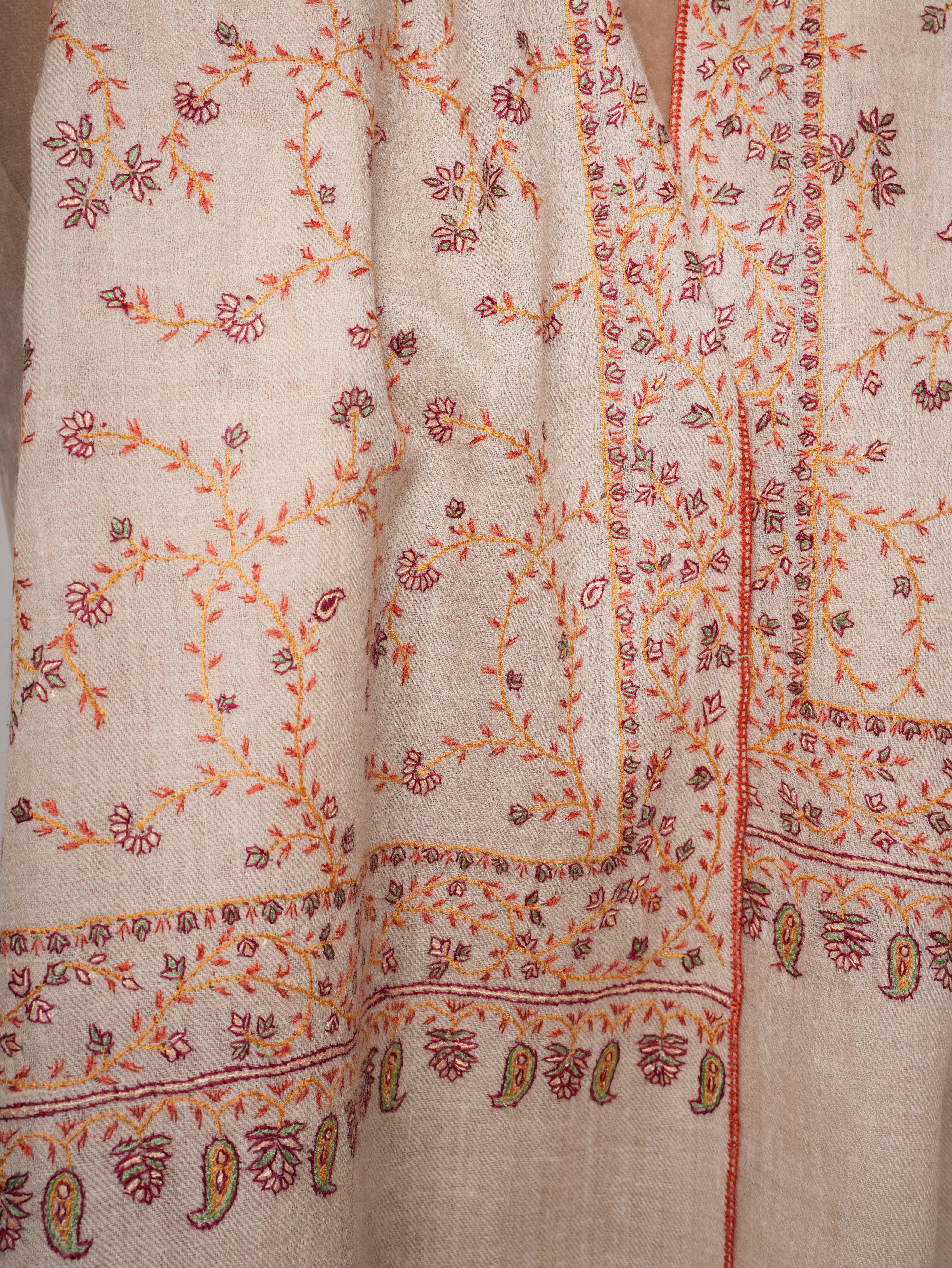 Offwhite Cashmere Scarf with All Over Hand Embroidery Shahkaar