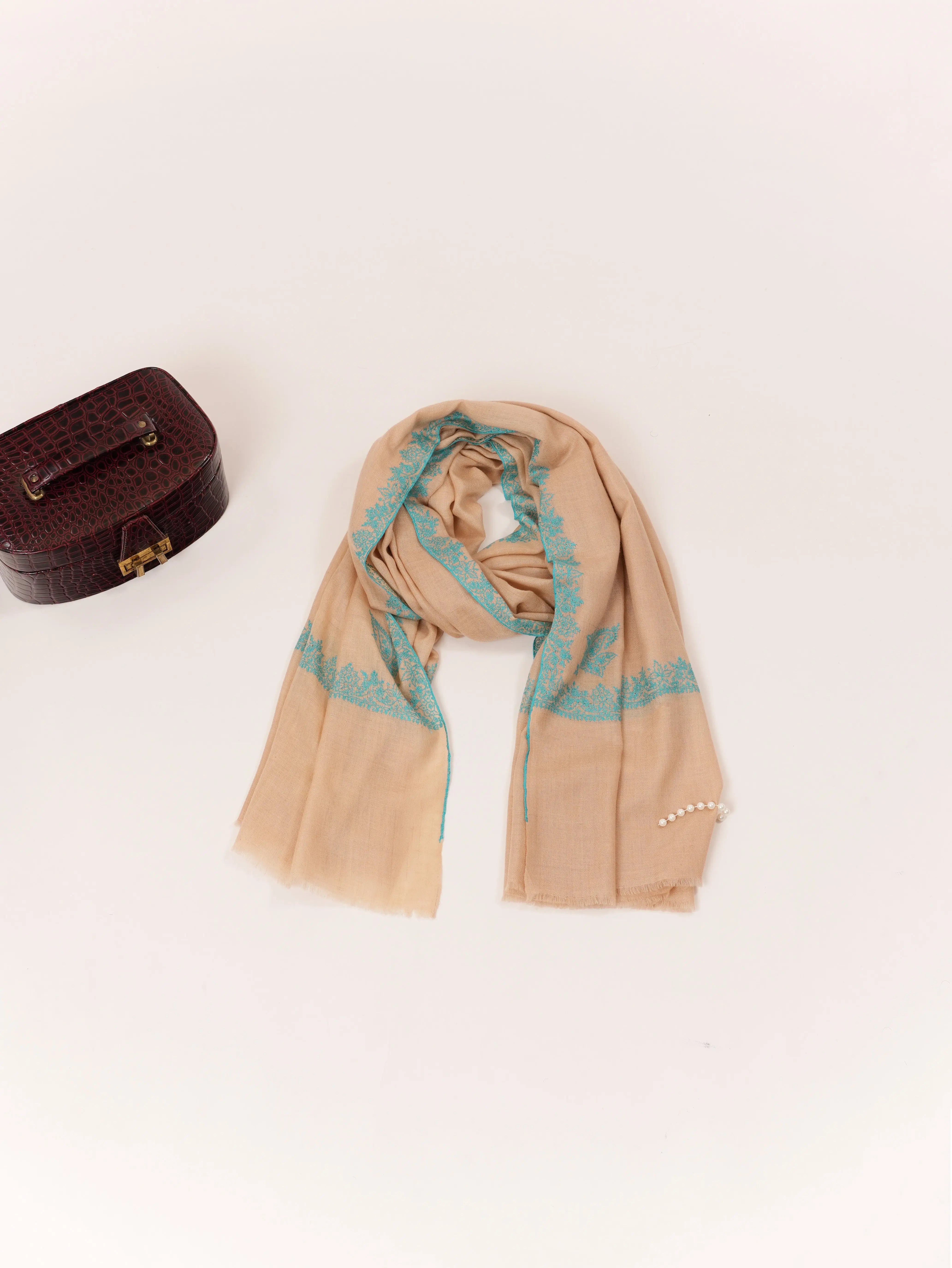 Kashmiri Handwoven Tan Pashmina Shawl with Neemdaur Hand Sozni Embroidery Shahkaar.com