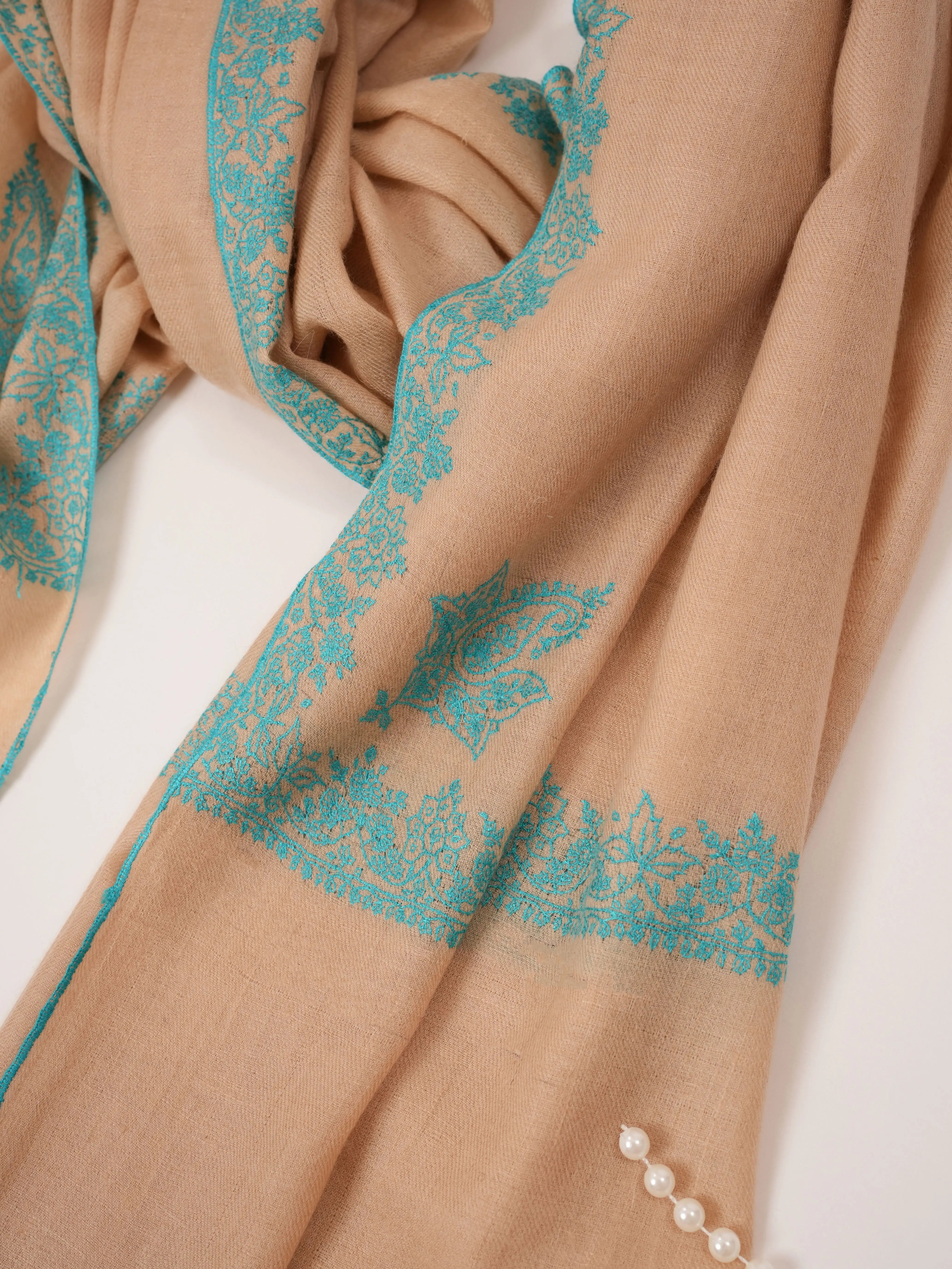 Kashmiri Handwoven Tan Pashmina Shawl with Neemdaur Hand Sozni Embroidery Shahkaar.com