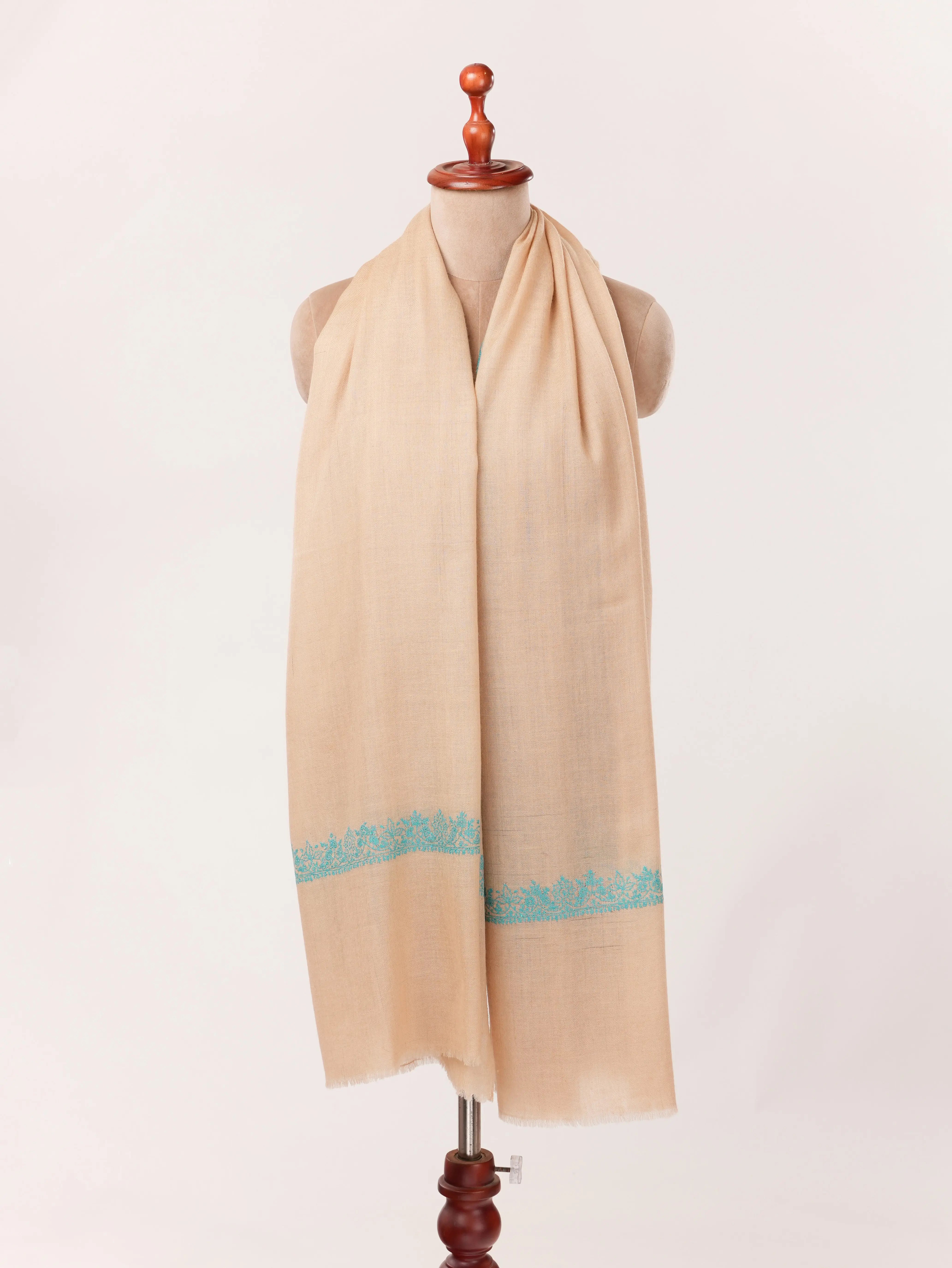 Kashmiri Handwoven Tan Pashmina Shawl with Neemdaur Hand Sozni Embroidery Shahkaar.com