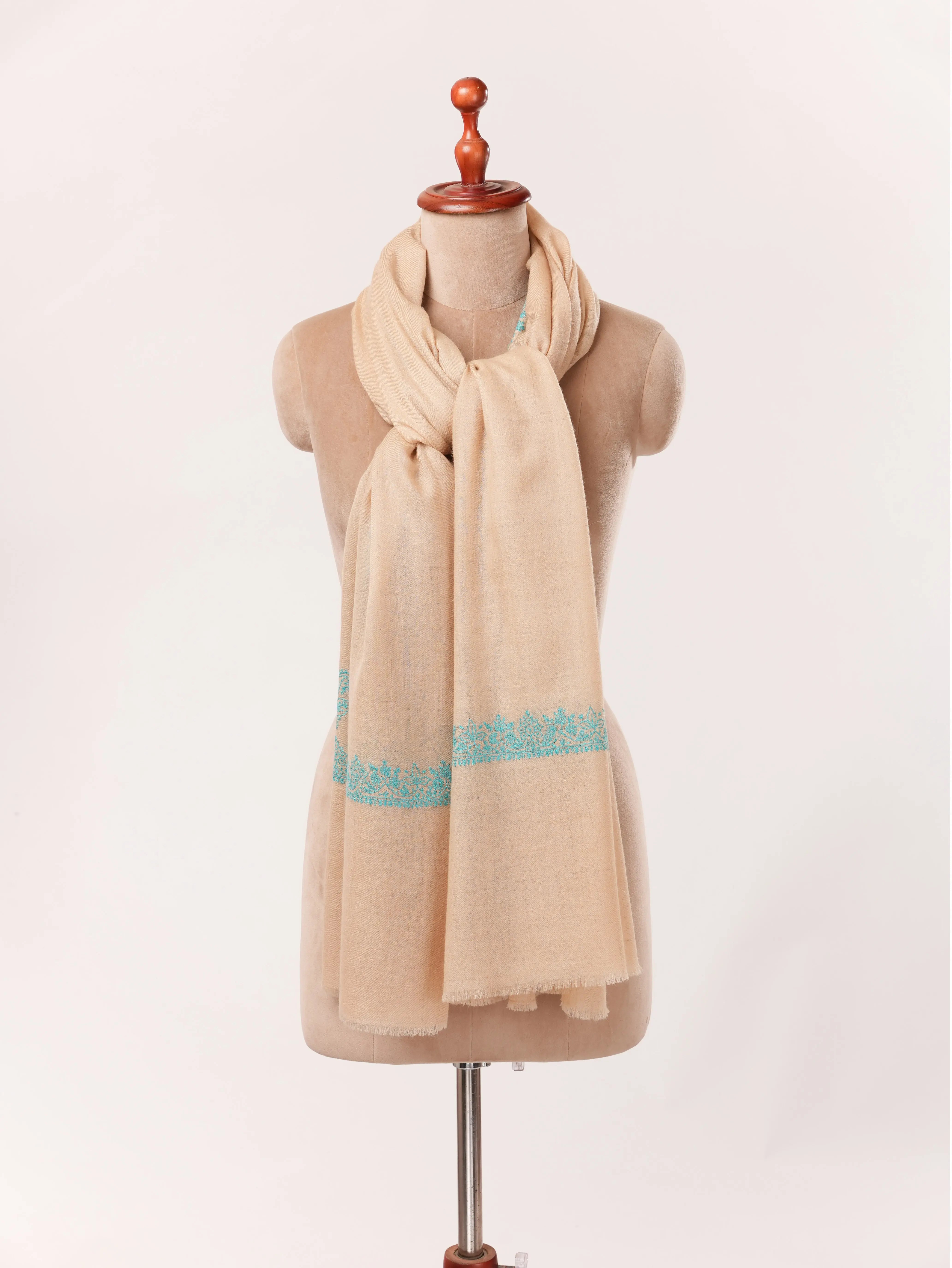 Kashmiri Handwoven Tan Pashmina Shawl with Neemdaur Hand Sozni Embroidery Shahkaar.com