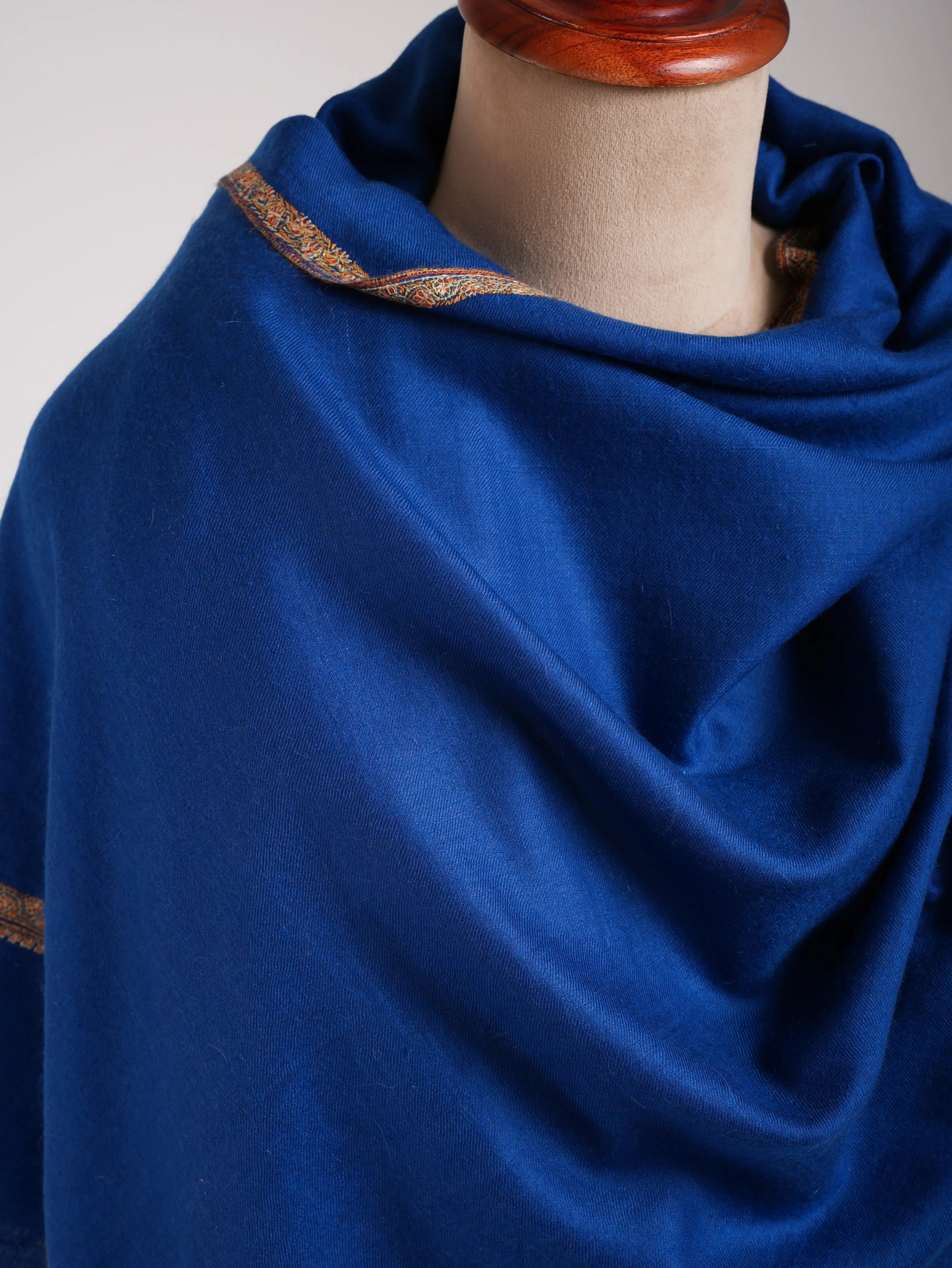 Egyptian Blue Hashia Sozni Embroidered Kashmiri Pashmina Shawl Shahkaar