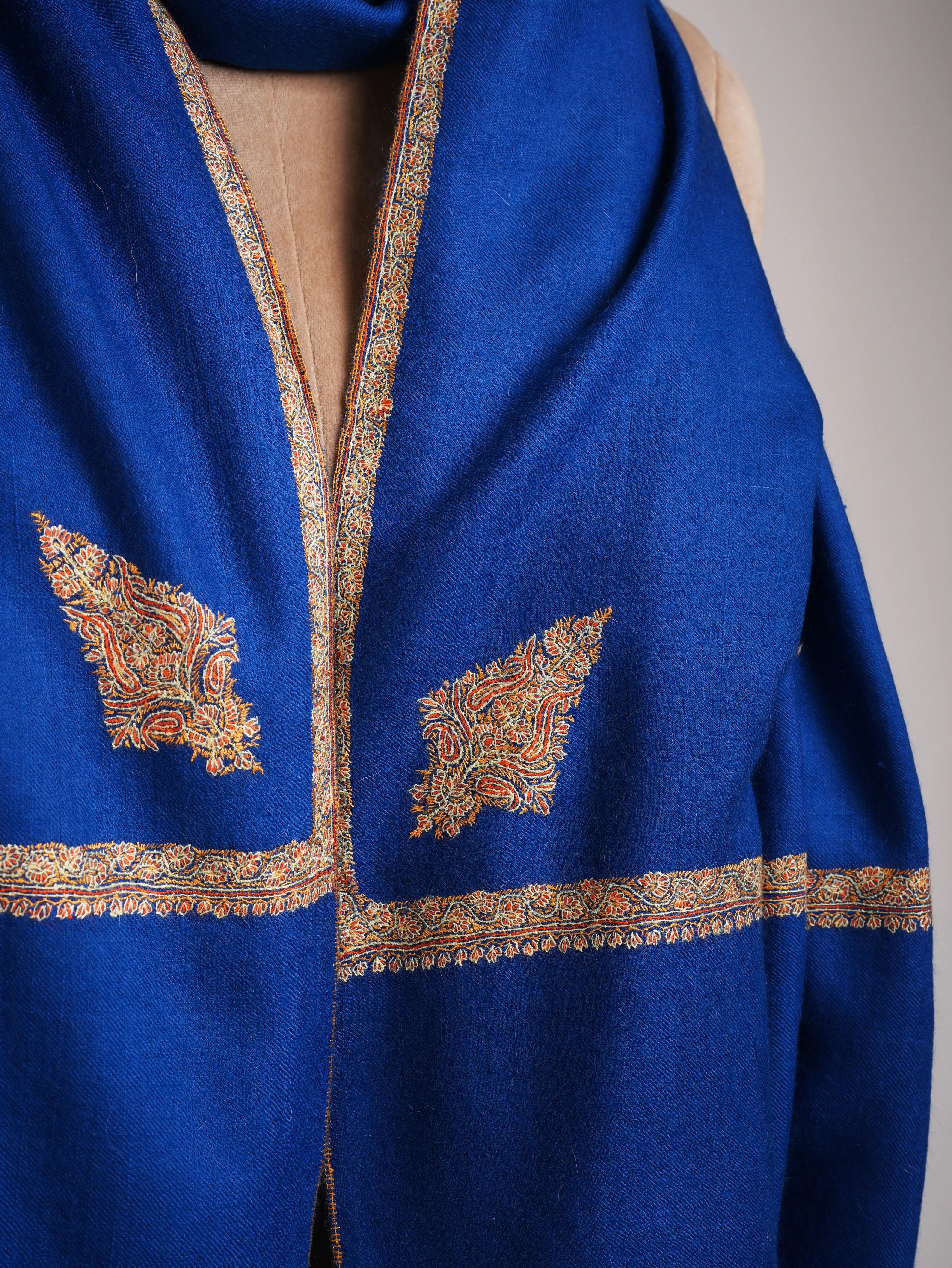 Egyptian Blue Hashia Sozni Embroidered Kashmiri Pashmina Shawl Shahkaar