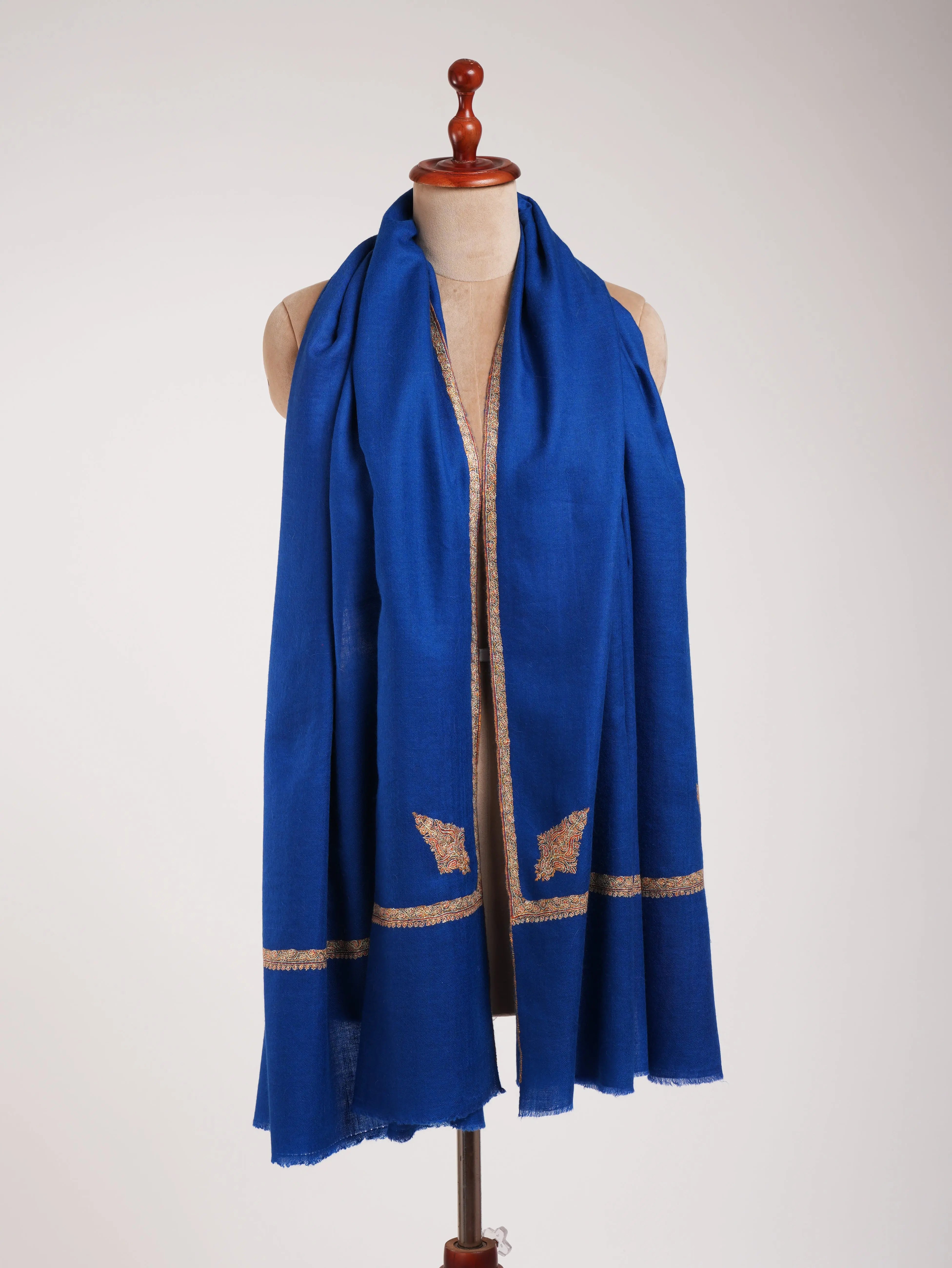 Egyptian Blue Hashia Sozni Embroidered Kashmiri Pashmina Shawl Shahkaar
