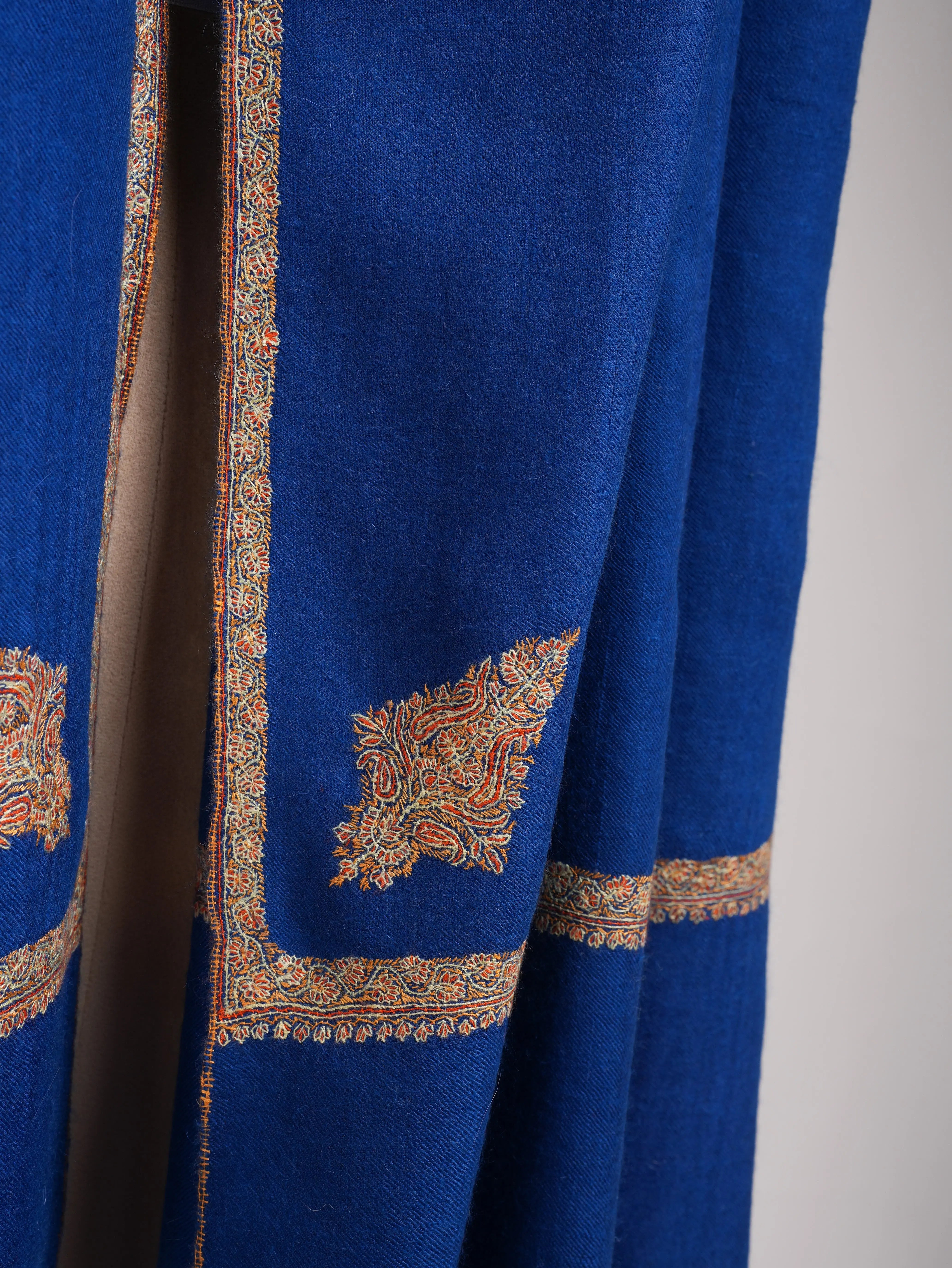 Egyptian Blue Hashia Sozni Embroidered Kashmiri Pashmina Shawl Shahkaar