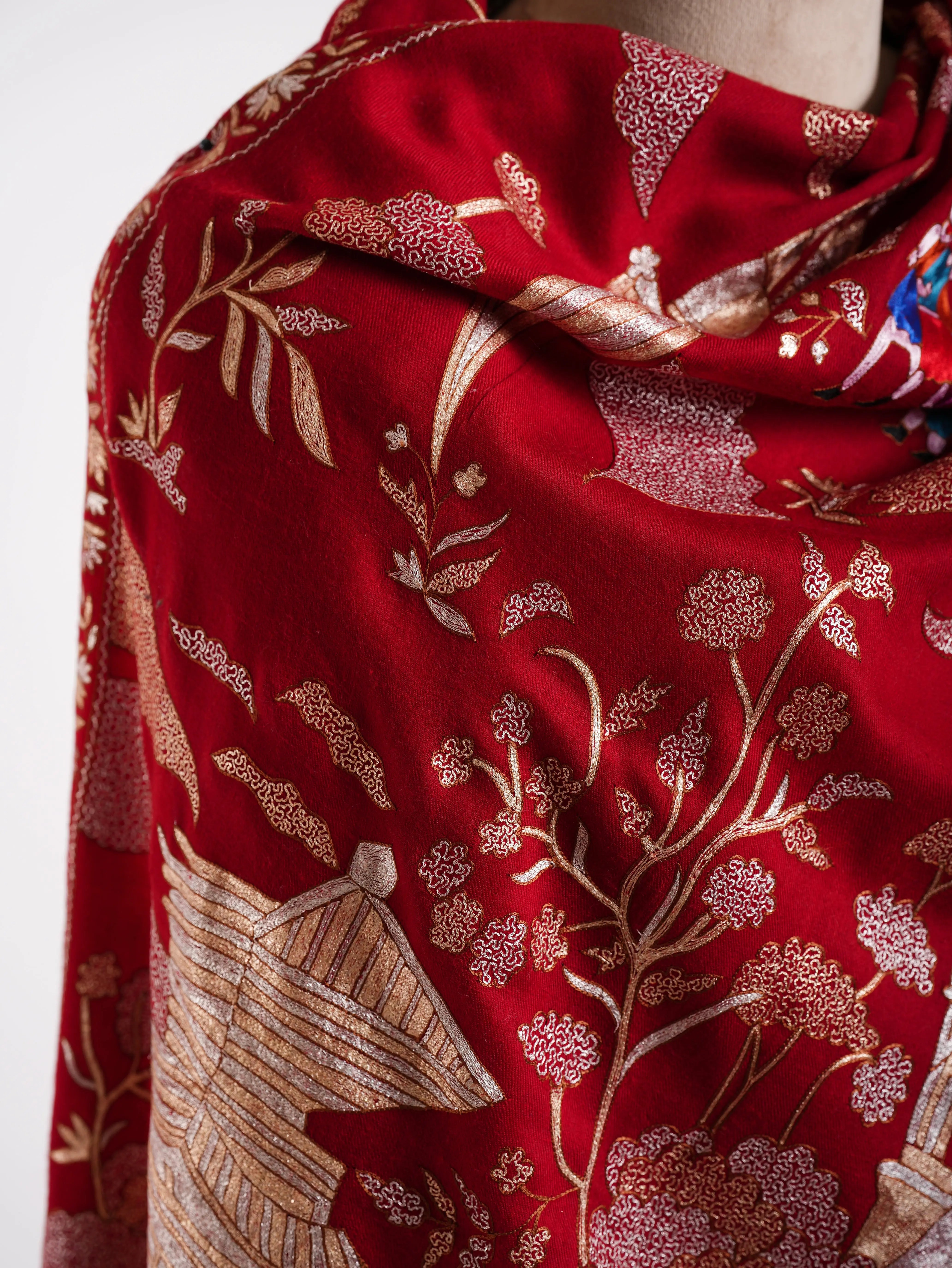 Embroidered China Town Red Pashmina Metallic Shawl Shahkaar
