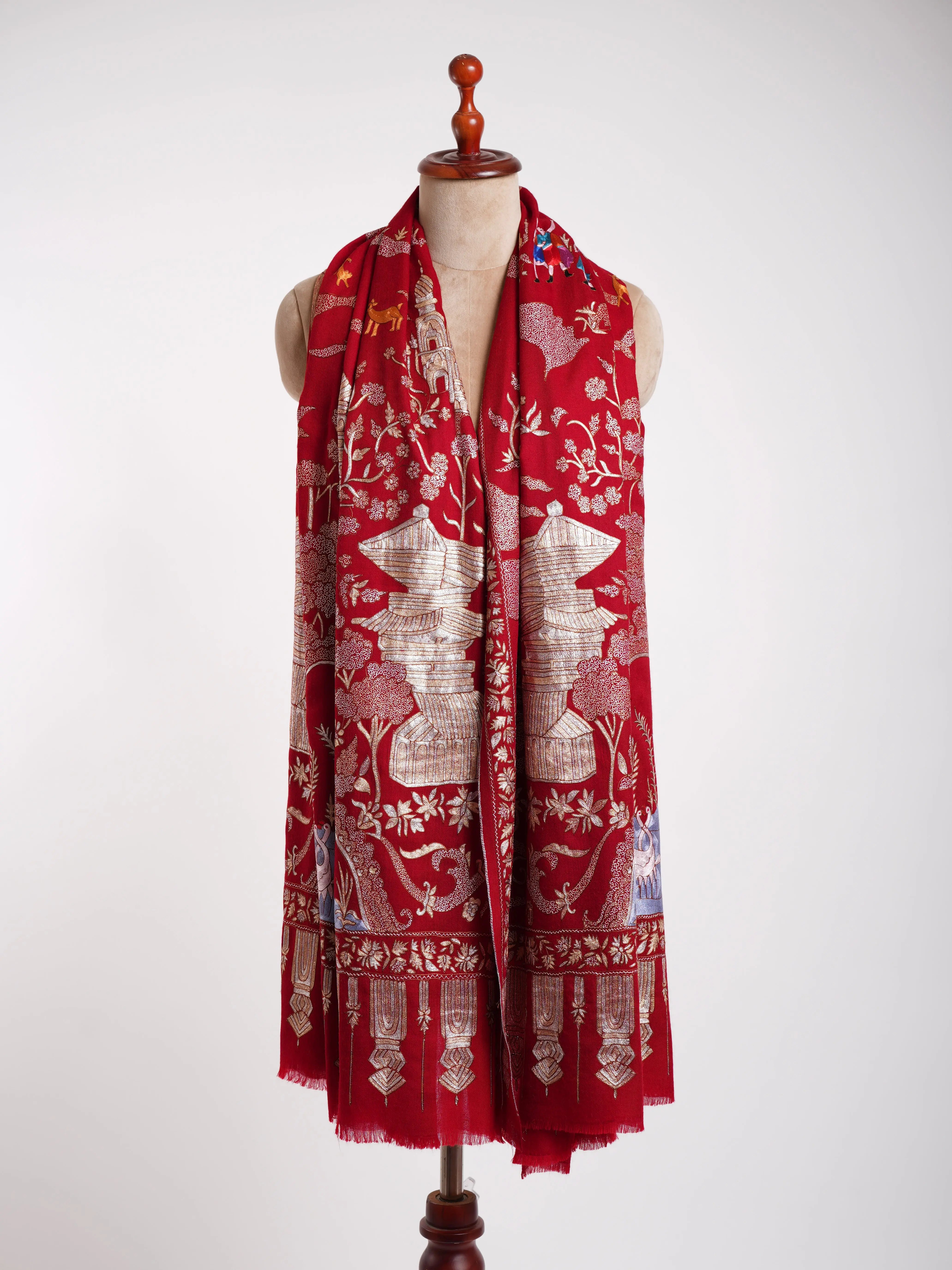 Embroidered China Town Red Pashmina Metallic Shawl Shahkaar