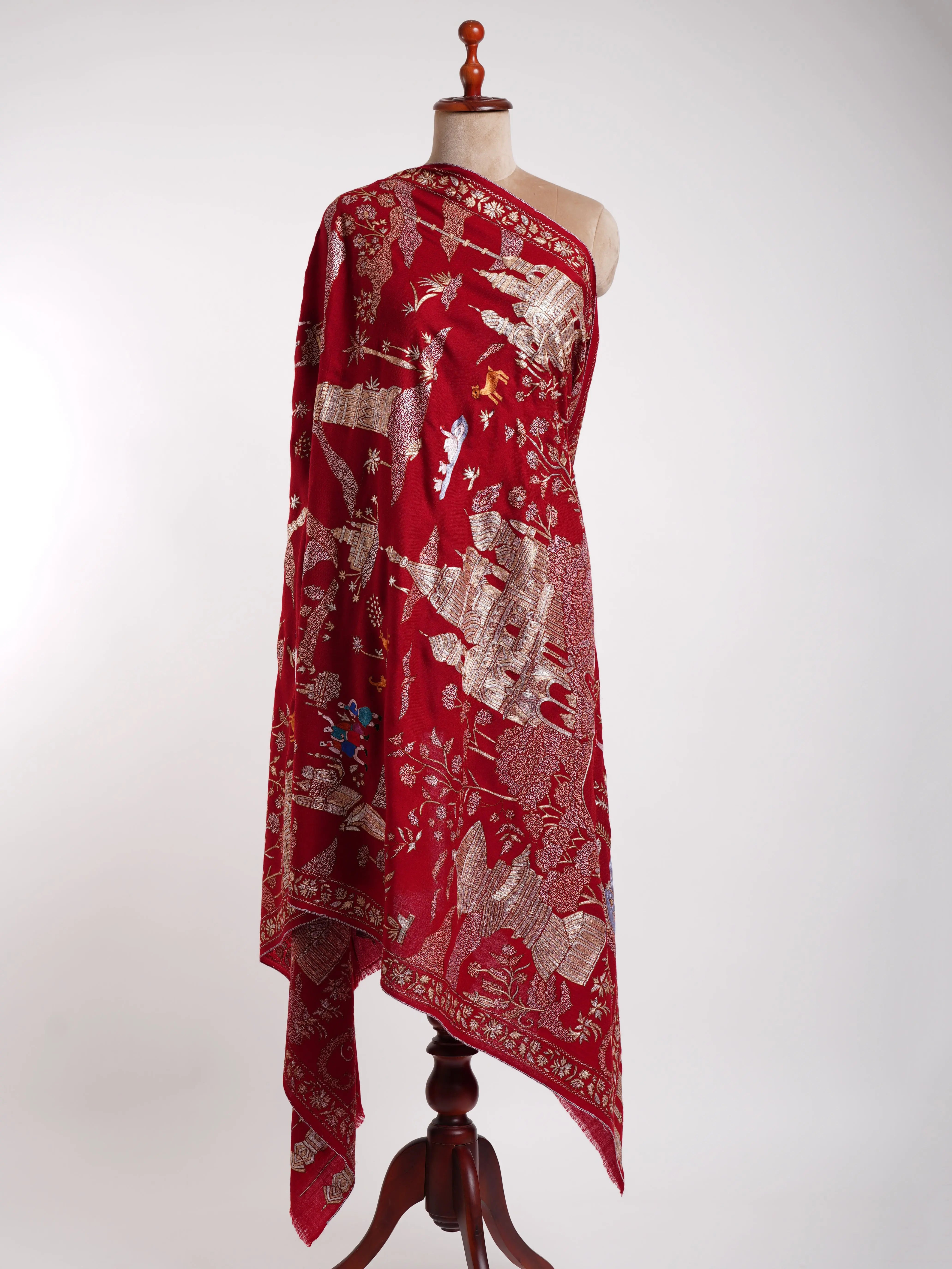 Embroidered China Town Red Pashmina Metallic Shawl Shahkaar
