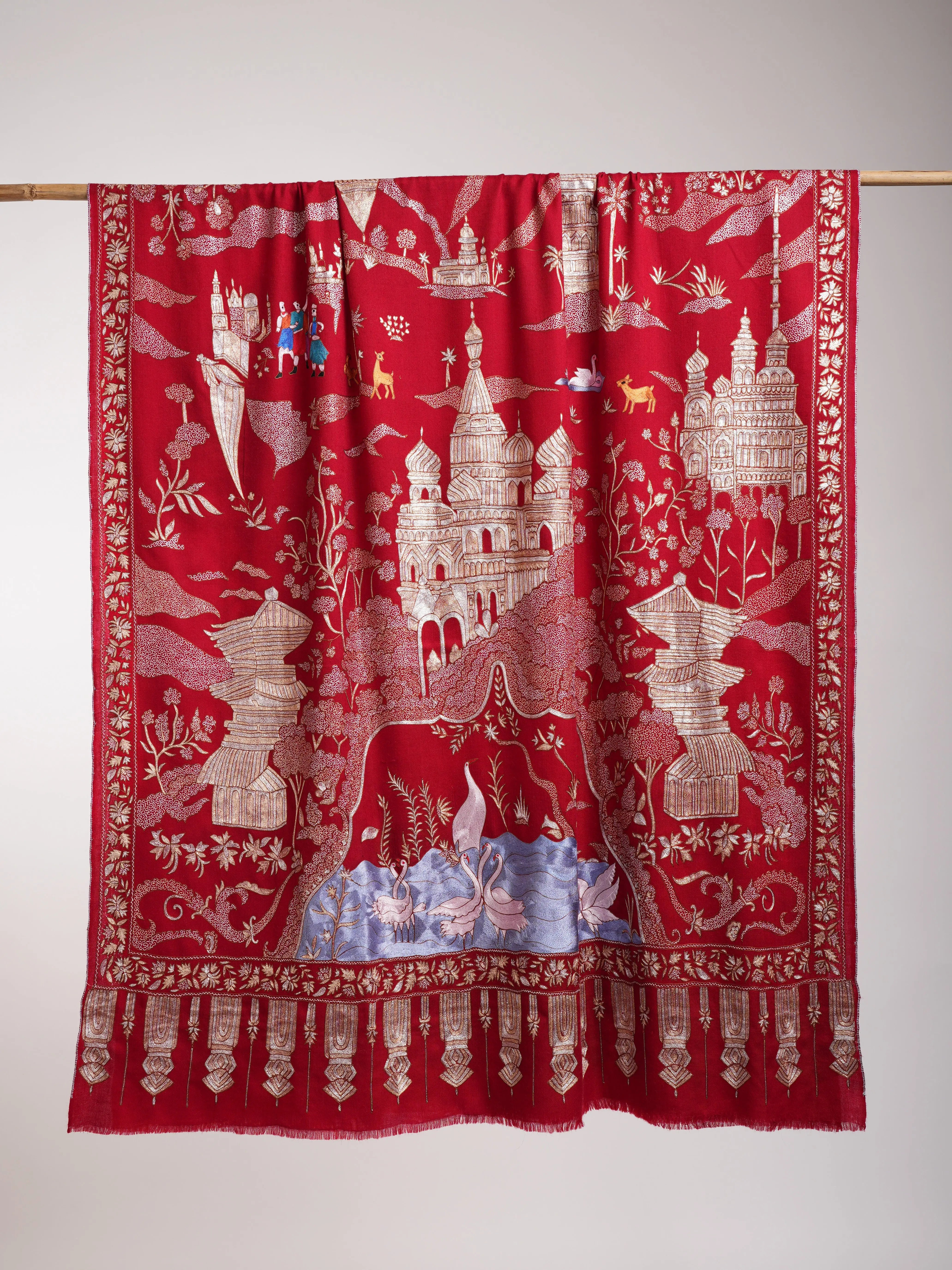 Embroidered China Town Red Pashmina Metallic Shawl Shahkaar