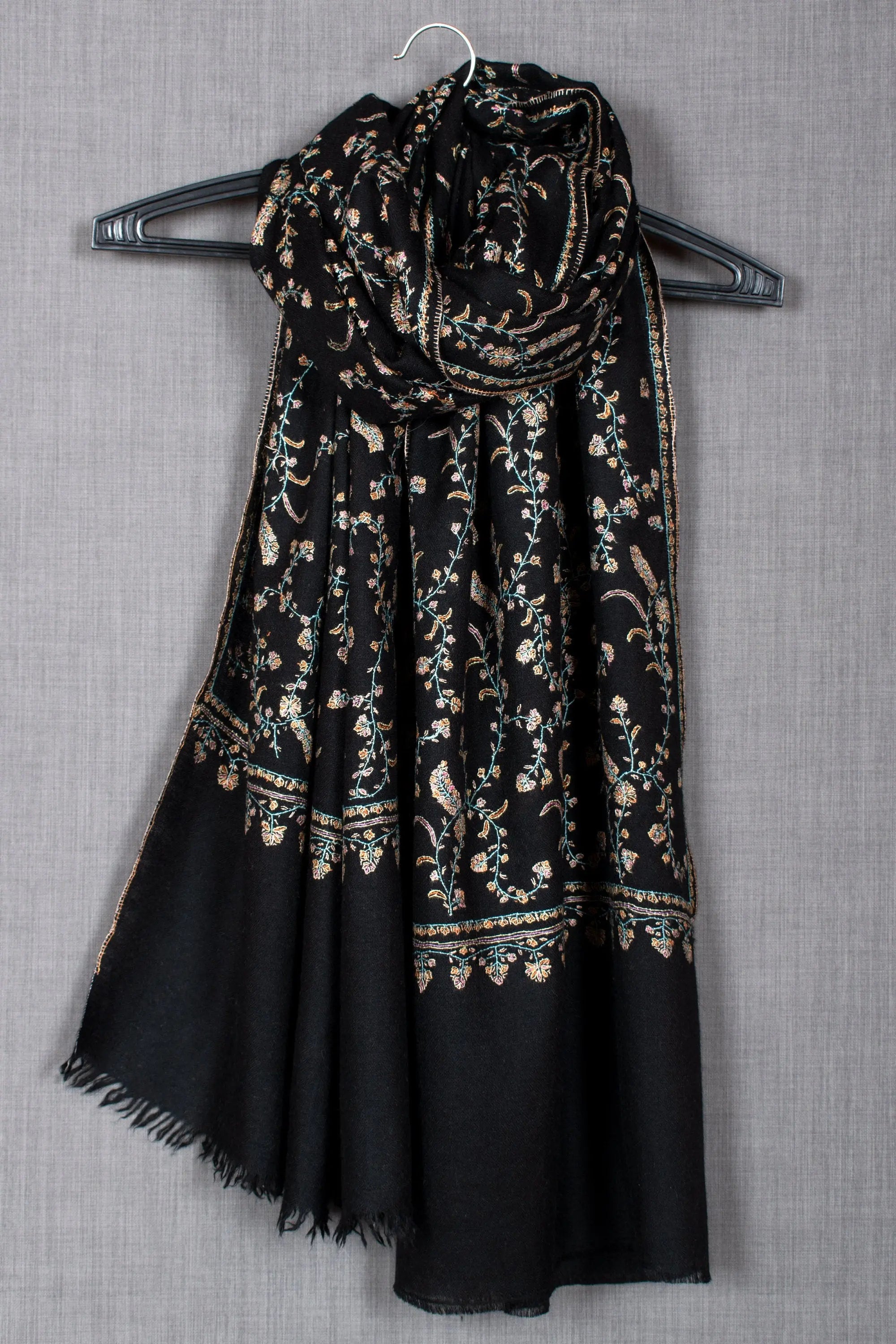 Embroidered Jaaldaar Kashmir Pashmina Scarf, Black Wrap, 28x80" Shahkaar