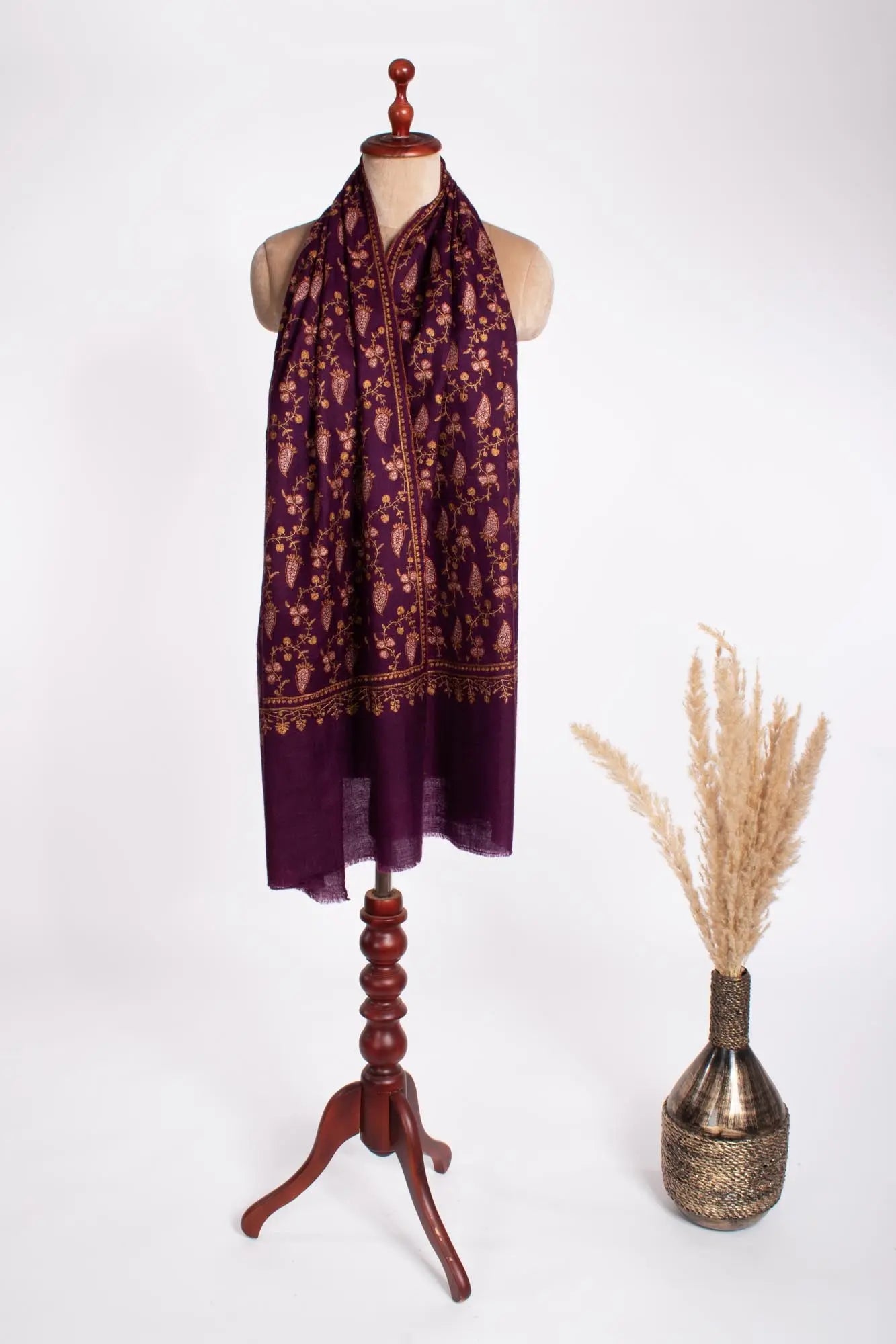 Embroidered Plum Cashmere Scarf - SIDMOUTH Shahkaar