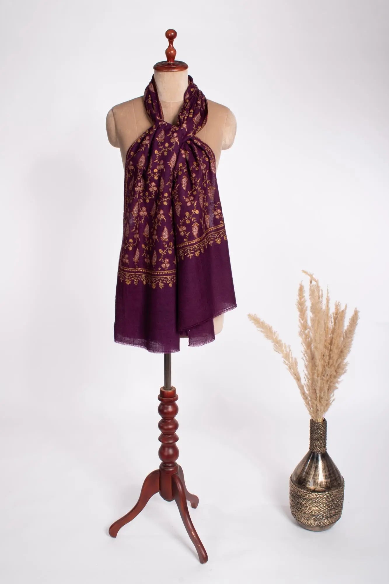 Embroidered Plum Cashmere Scarf - SIDMOUTH Shahkaar