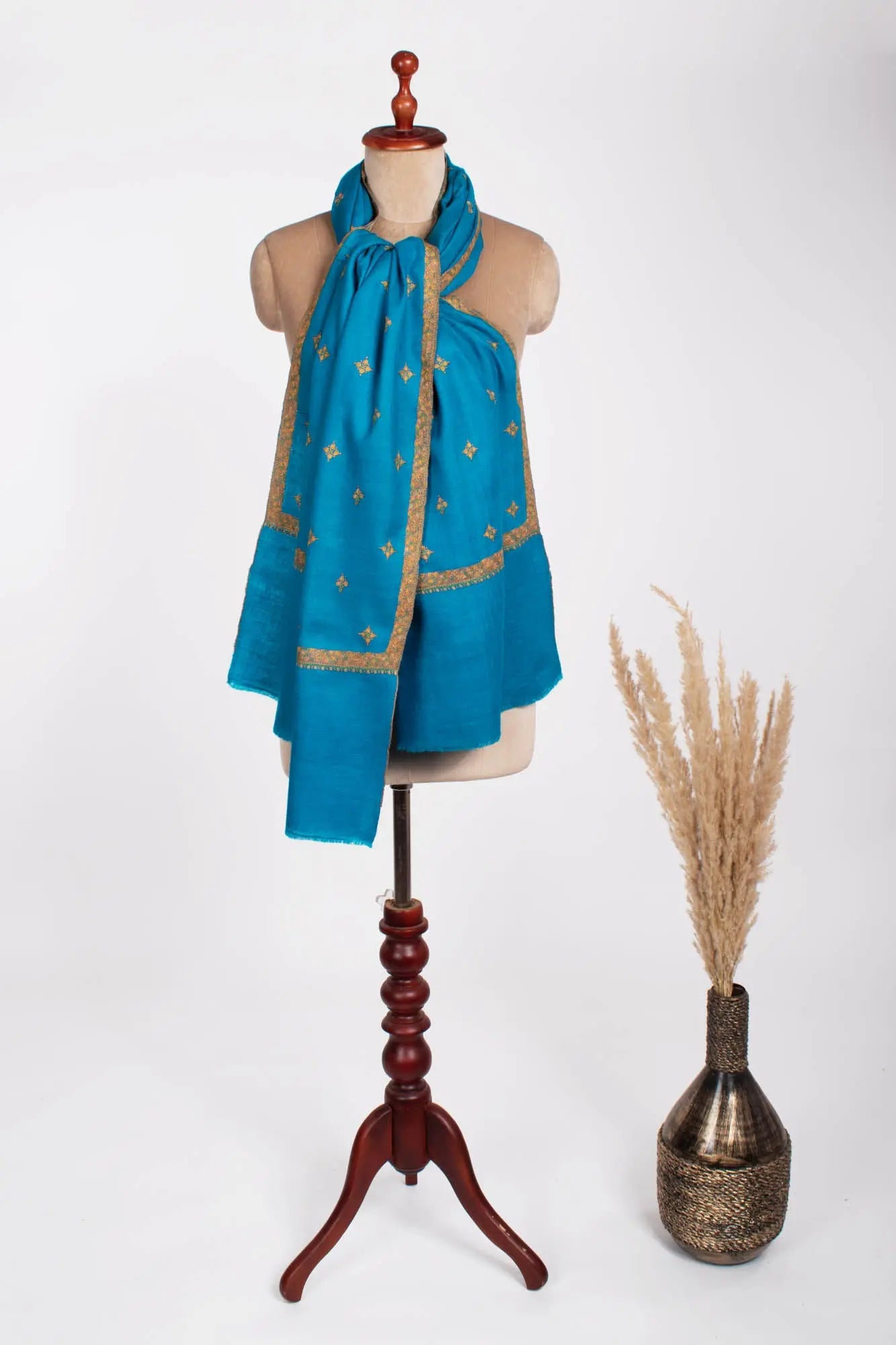 Embroidered Star Collection Turquoise Cashmere Shawl - WABASH Shahkaar