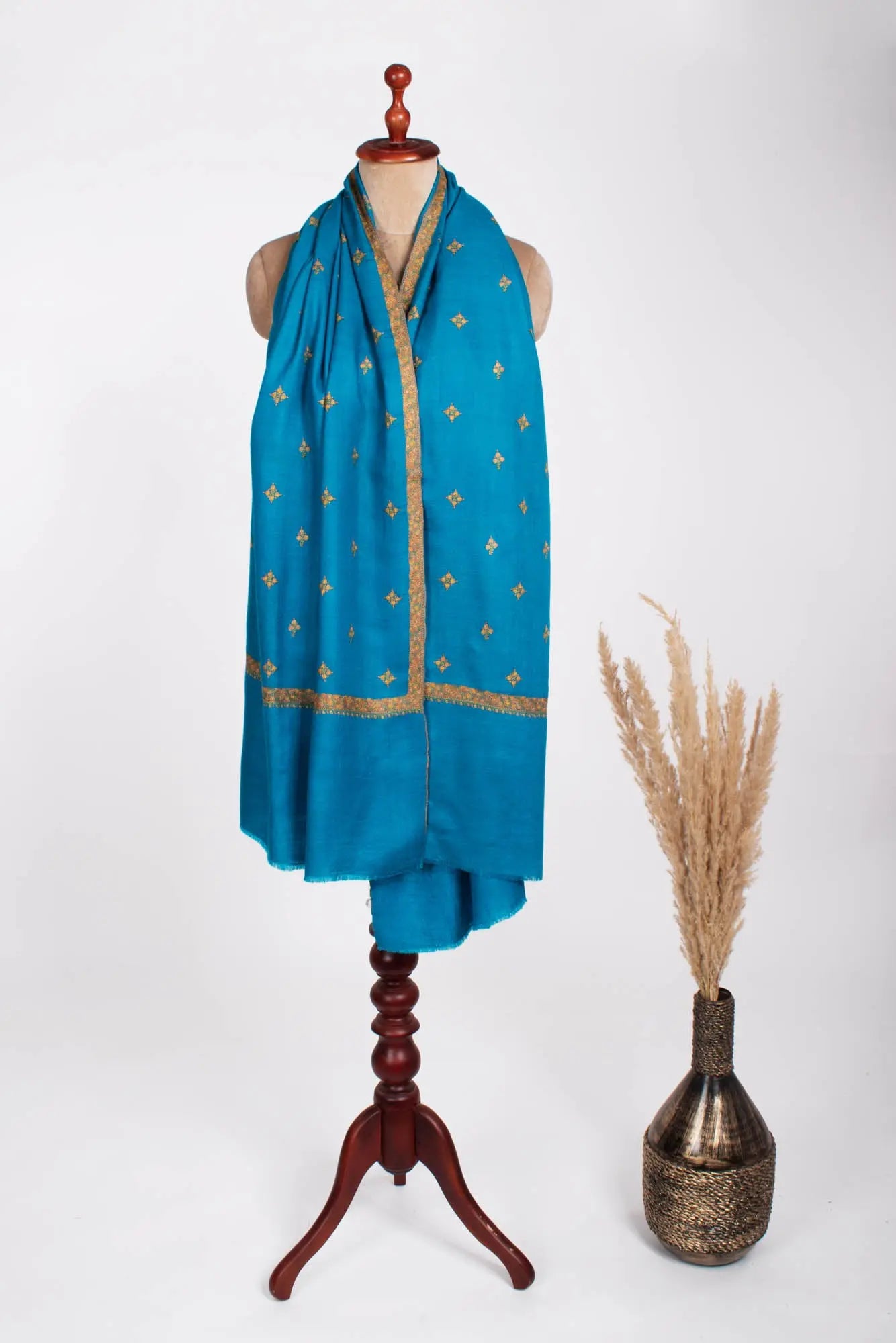 Embroidered Star Collection Turquoise Cashmere Shawl - WABASH Shahkaar