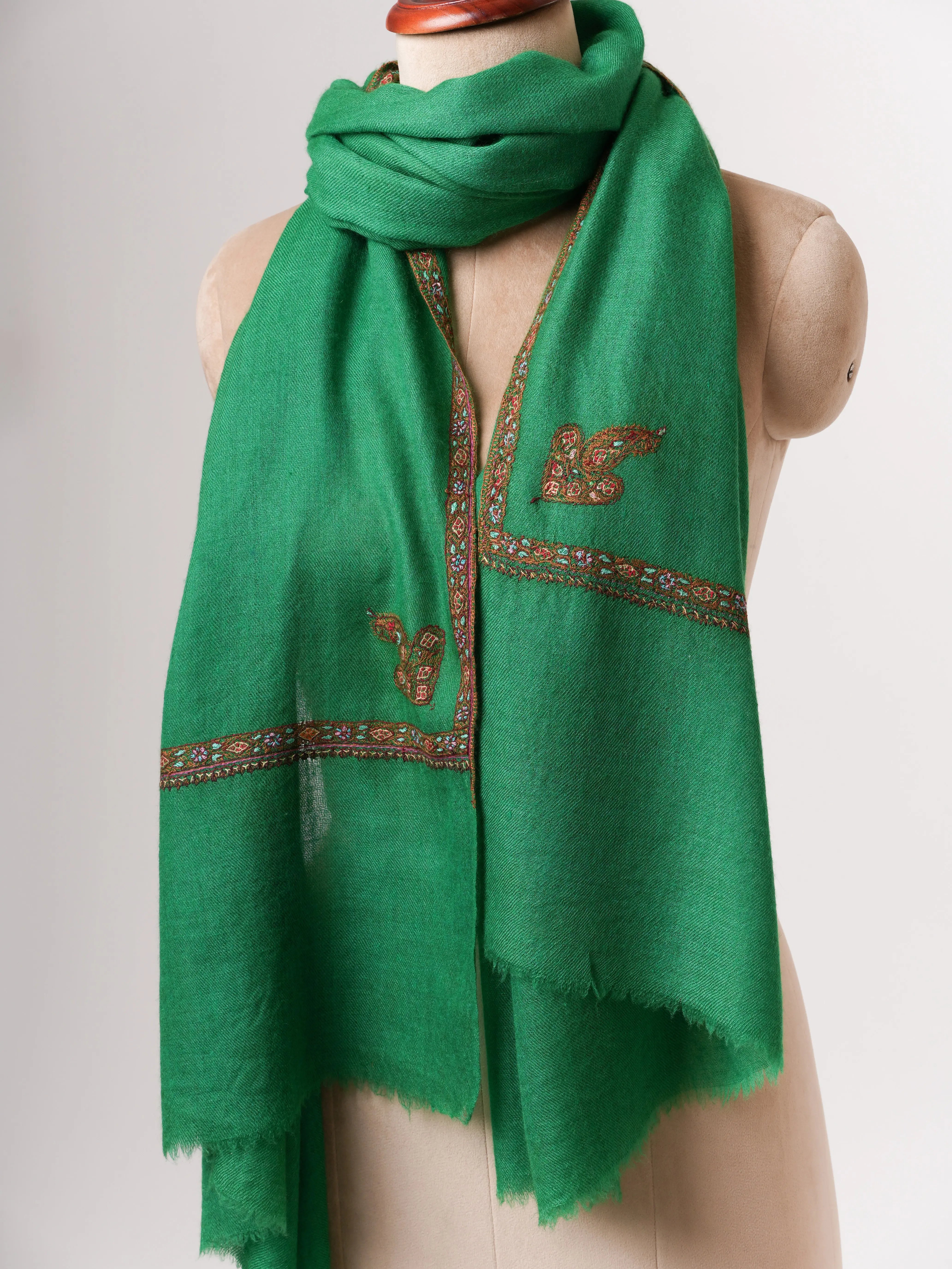 Emerald Green Baby Soft Cashmere Scarf with Traditional Hashia Embroidery Shahkaar