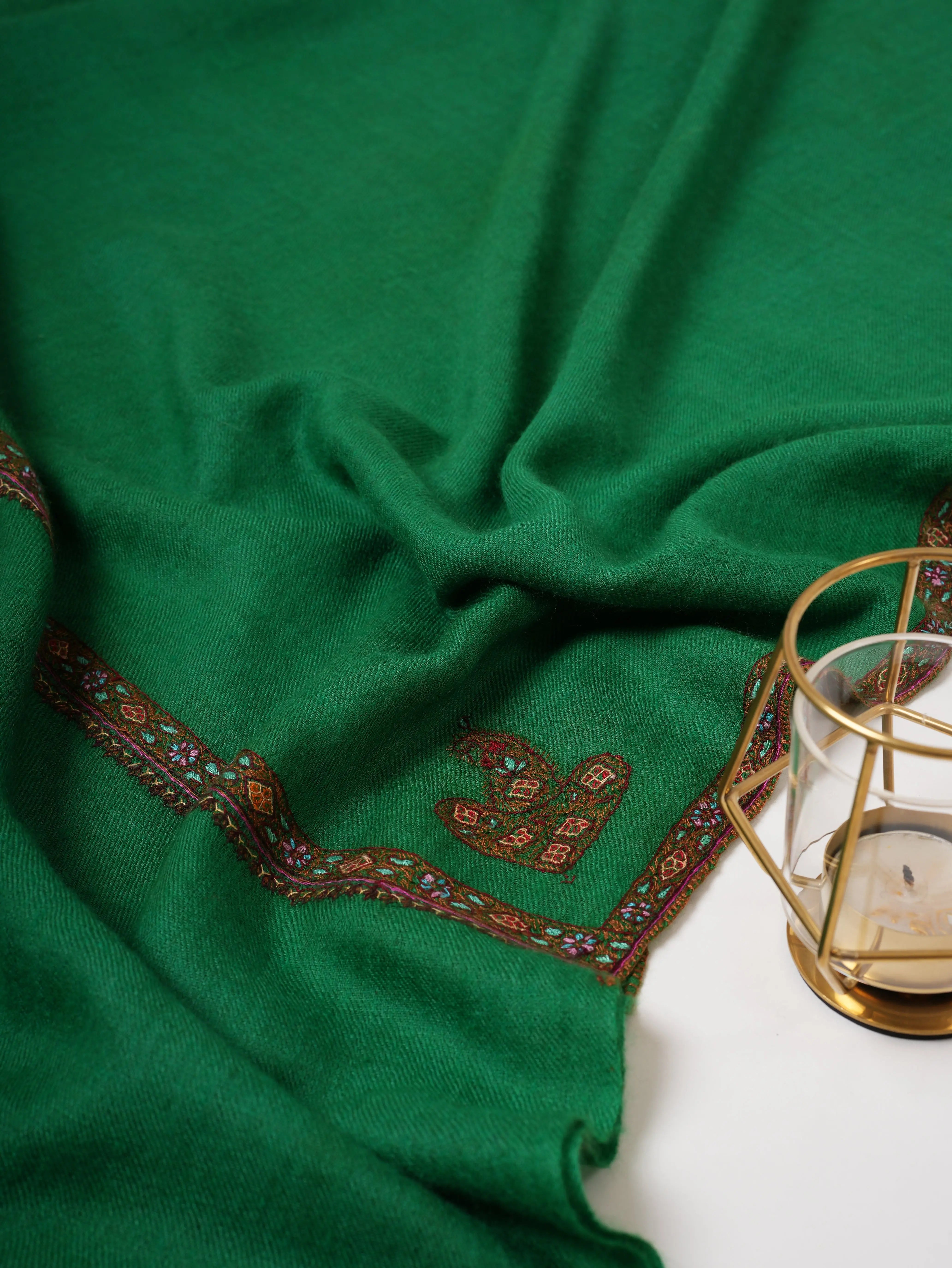 Emerald Green Baby Soft Cashmere Scarf with Traditional Hashia Embroidery Shahkaar