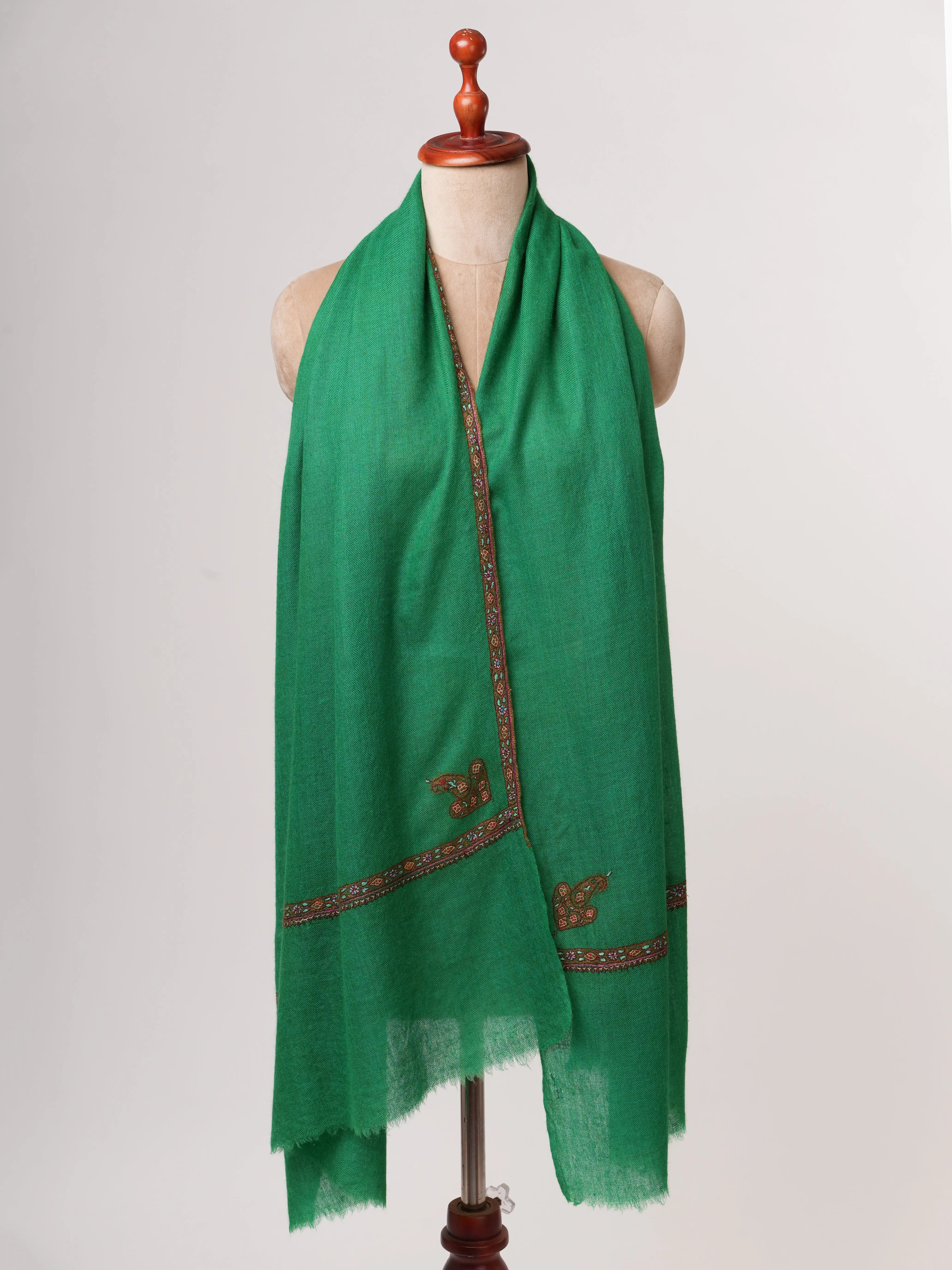 Emerald Green Baby Soft Cashmere Scarf with Traditional Hashia Embroidery Shahkaar