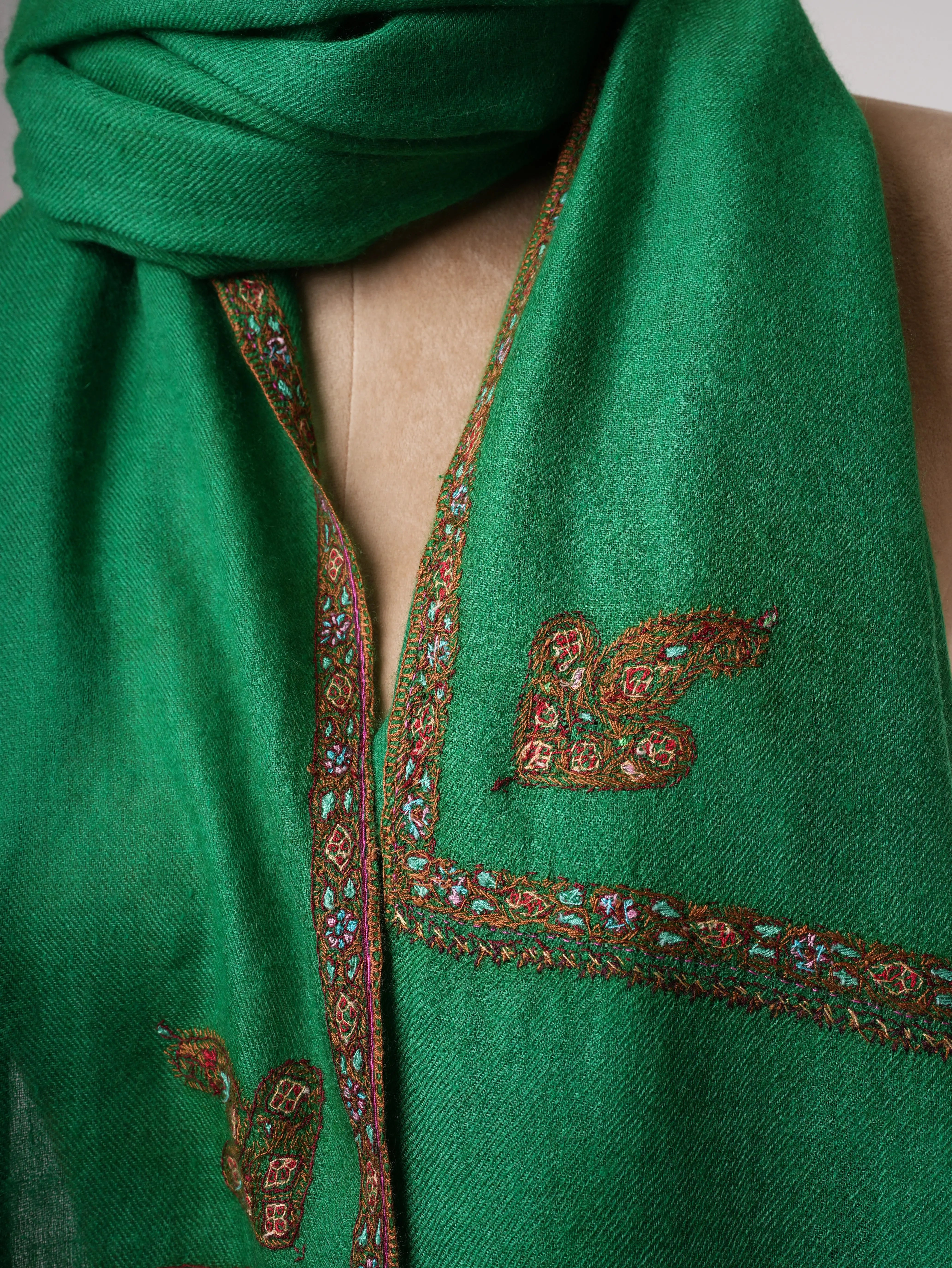 Emerald Green Baby Soft Cashmere Scarf with Traditional Hashia Embroidery Shahkaar