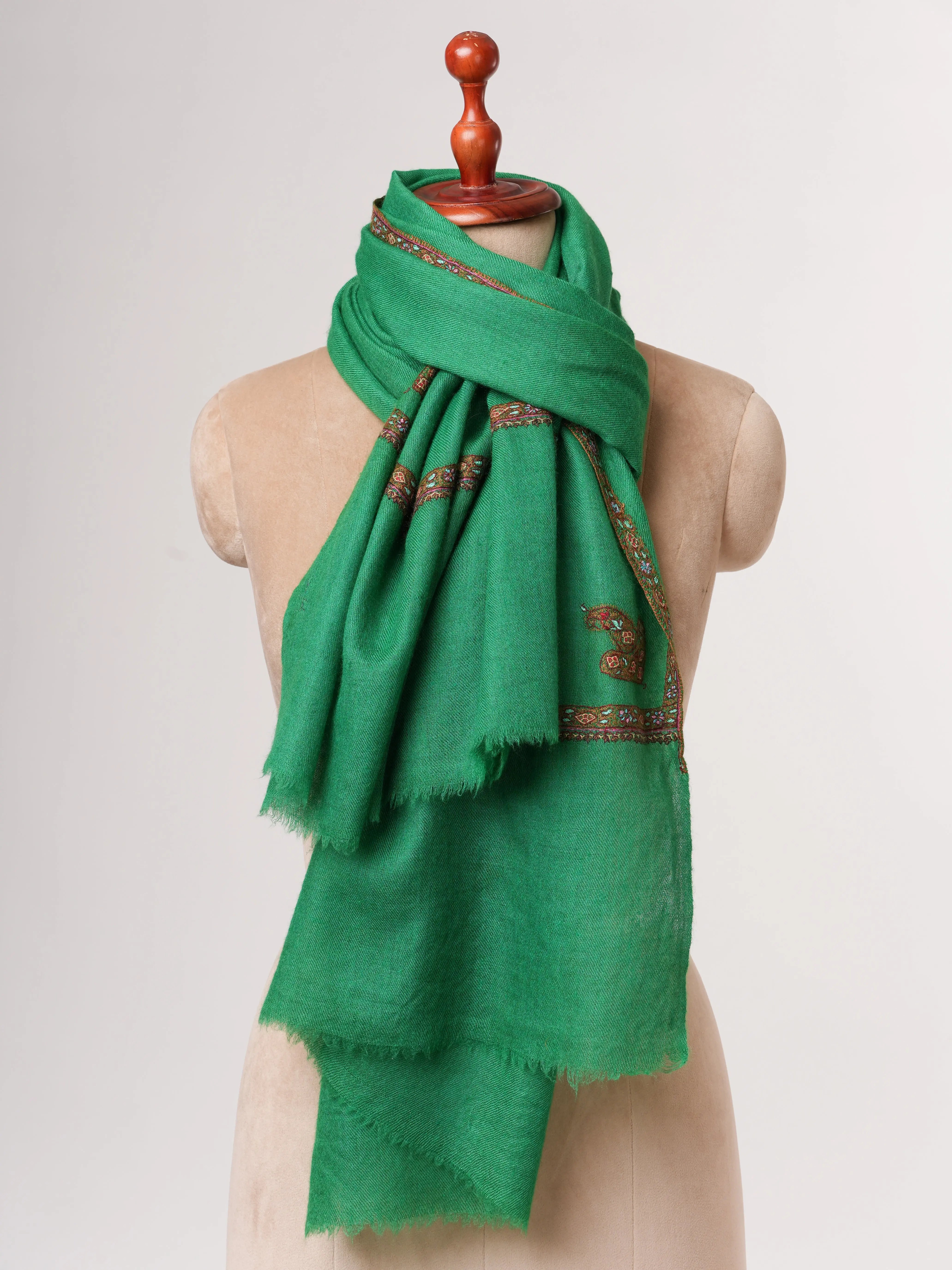 Emerald Green Baby Soft Cashmere Scarf with Traditional Hashia Embroidery Shahkaar