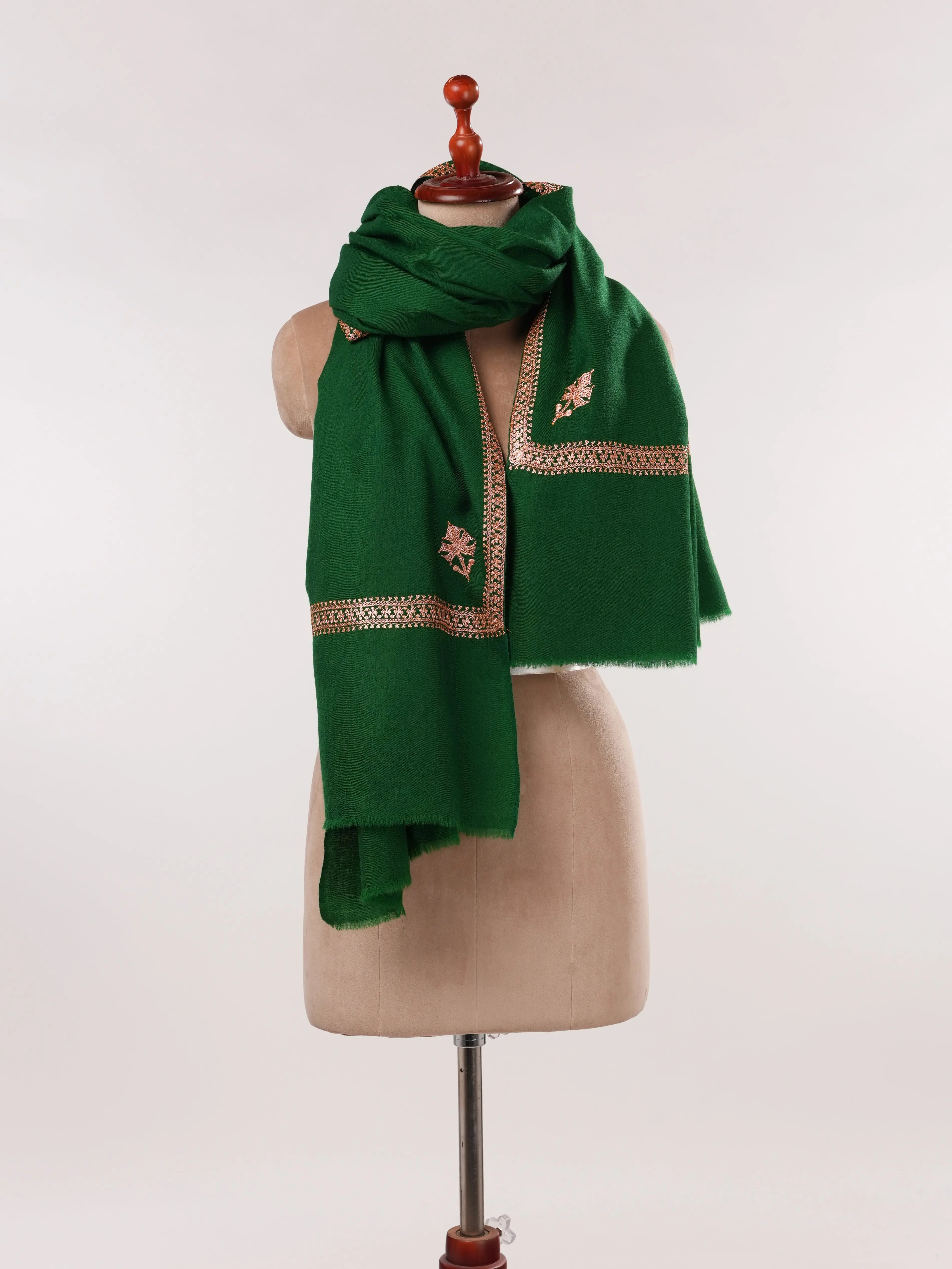 Emerald Green Fine Wool Shawl with Baildar Hand Tilla Embroidery Shahkaar.com