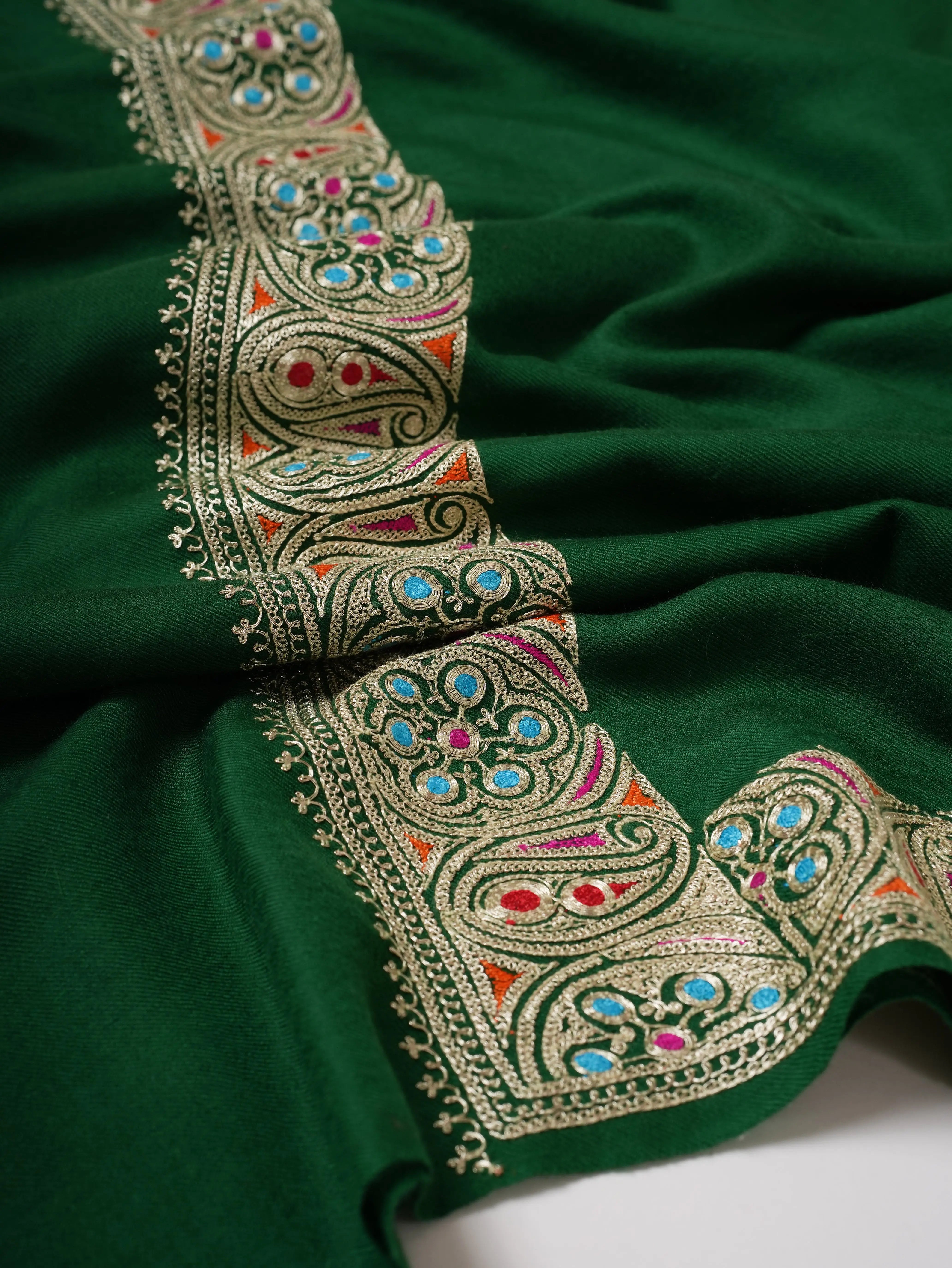 Emerald Green Pashmina Shawl with Watergold Tilla Embroidery and Sozni Shahkaar