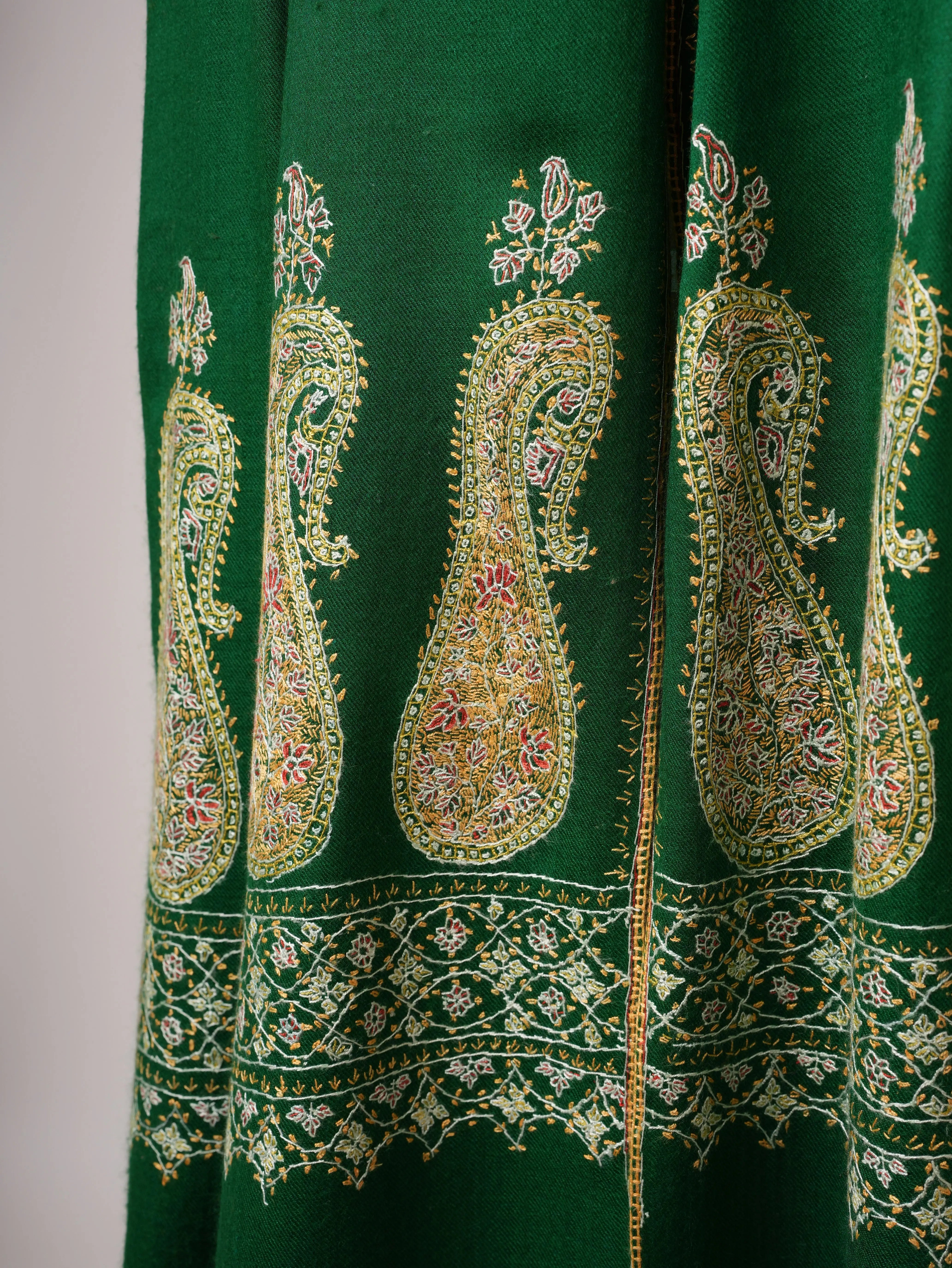 Emerald Green Silk Wool Scarf with Palla Embroidery Shahkaar